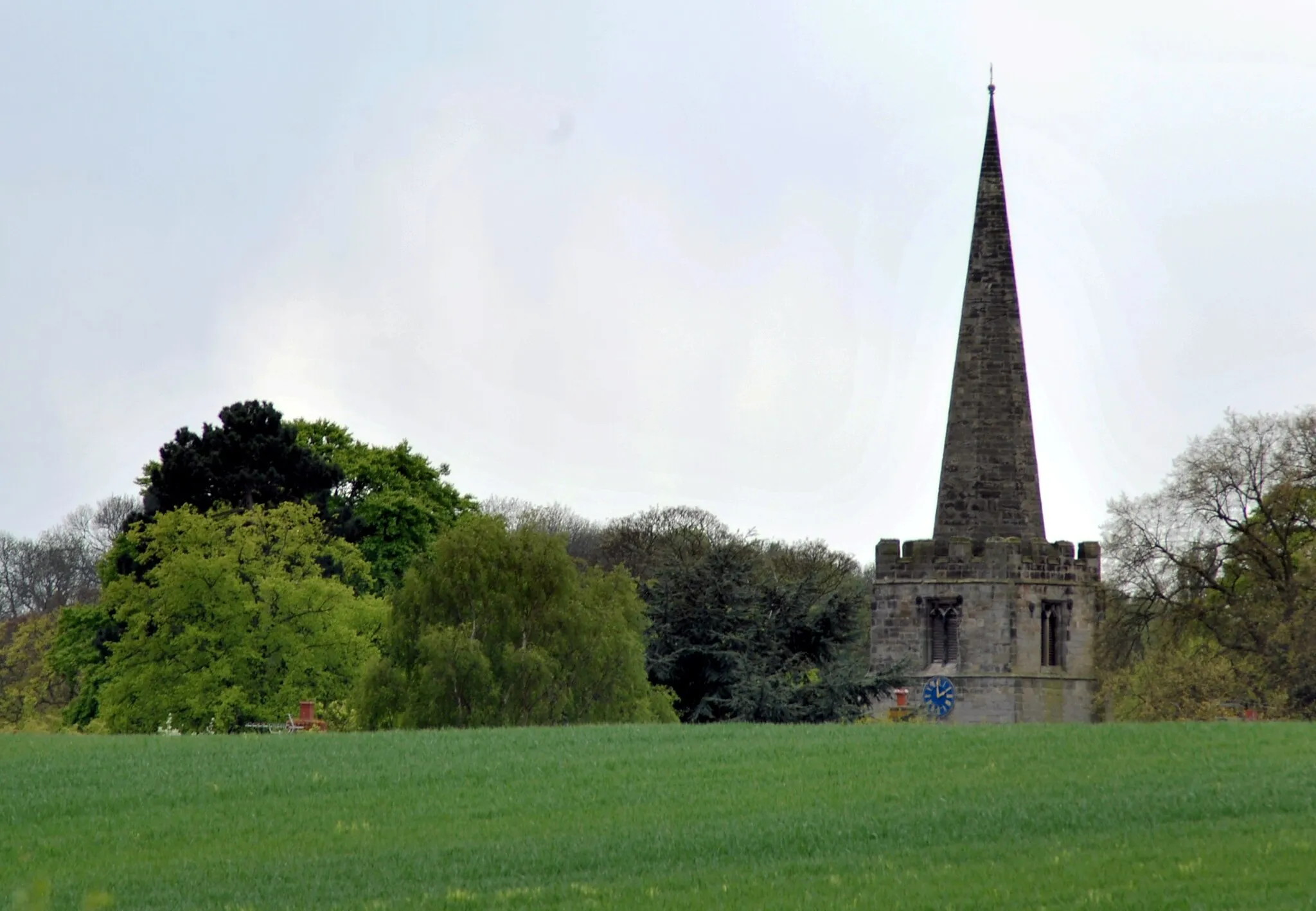 Photo showing: View across a field near Cotgrave Country Park,Nottinghamshire, to the west tower and spire of All Saints' parish church