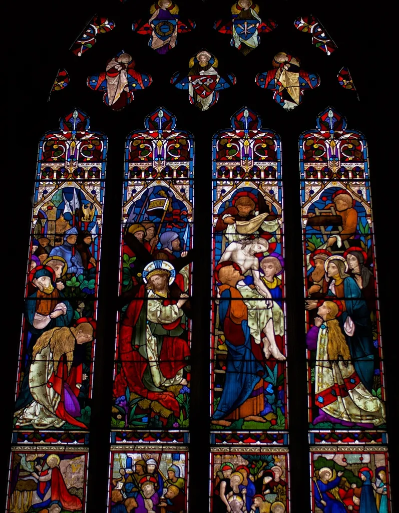 Photo showing: (St Peter)Chancel E window, in Church Langton, Leicestershire by Heaton,Butler and Bayne,1866.