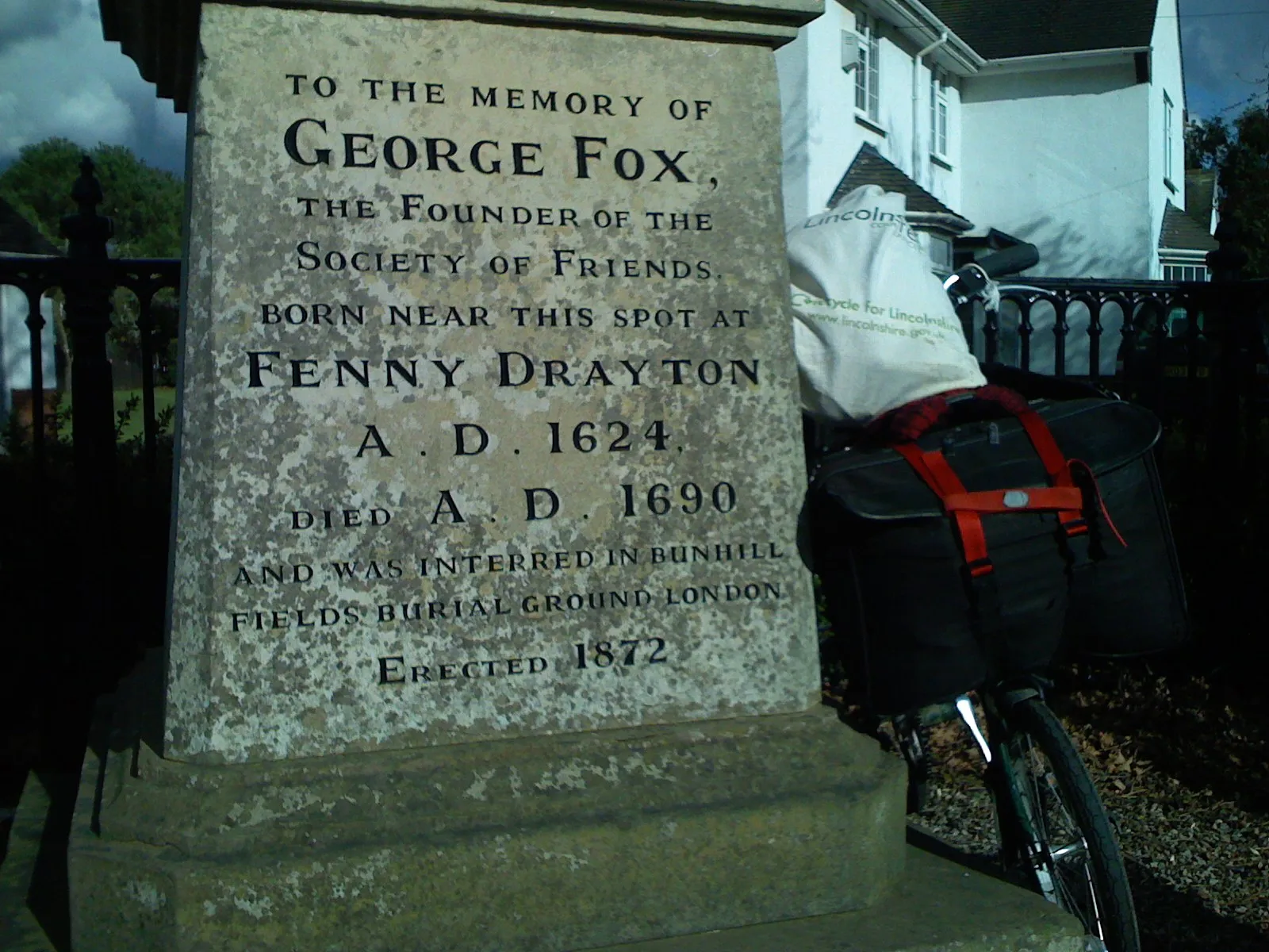 Photo showing: "to the memory of George Fox, the Founder of the Society of Friends.  Born near this spot at Fenny Drayton A.D. 1624, died A.D. 1690 and was interred in bunhill fields burialground london.  Erected 1872"