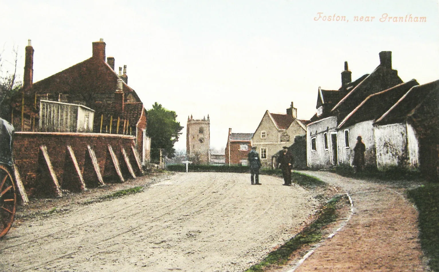 Photo showing: Foston, Lincolnshire, England. Main Street with St Peter's Church and cottages. The Black Horse public house is the cream gabled building to the right of the church. The pub is today a private house. Vintage postcard printed as one of the 'Wheeler's Series' dated pre 1911 per reverse date.