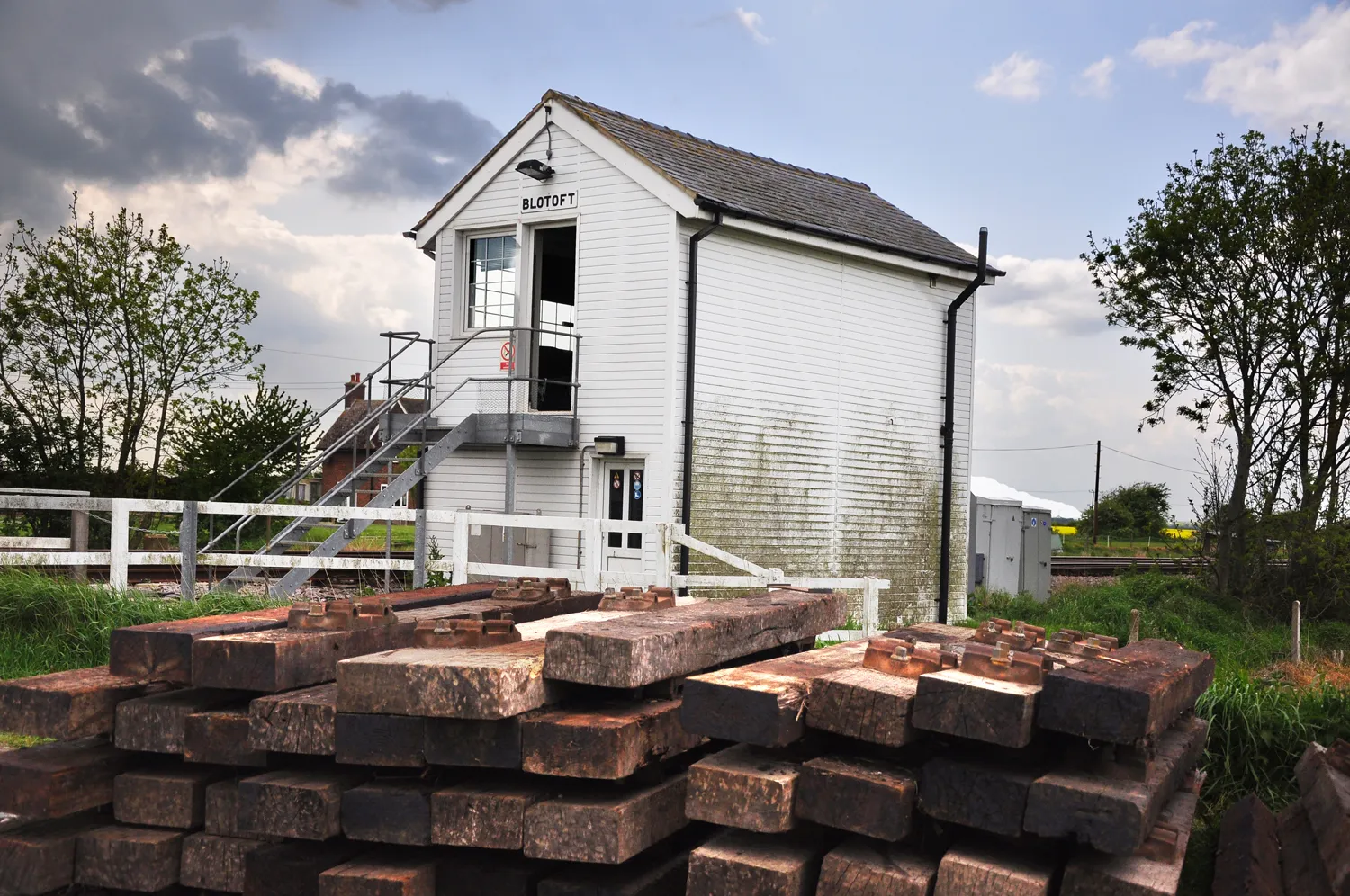 Photo showing: Blotoft signal box and sleepers - Helpringham Fen