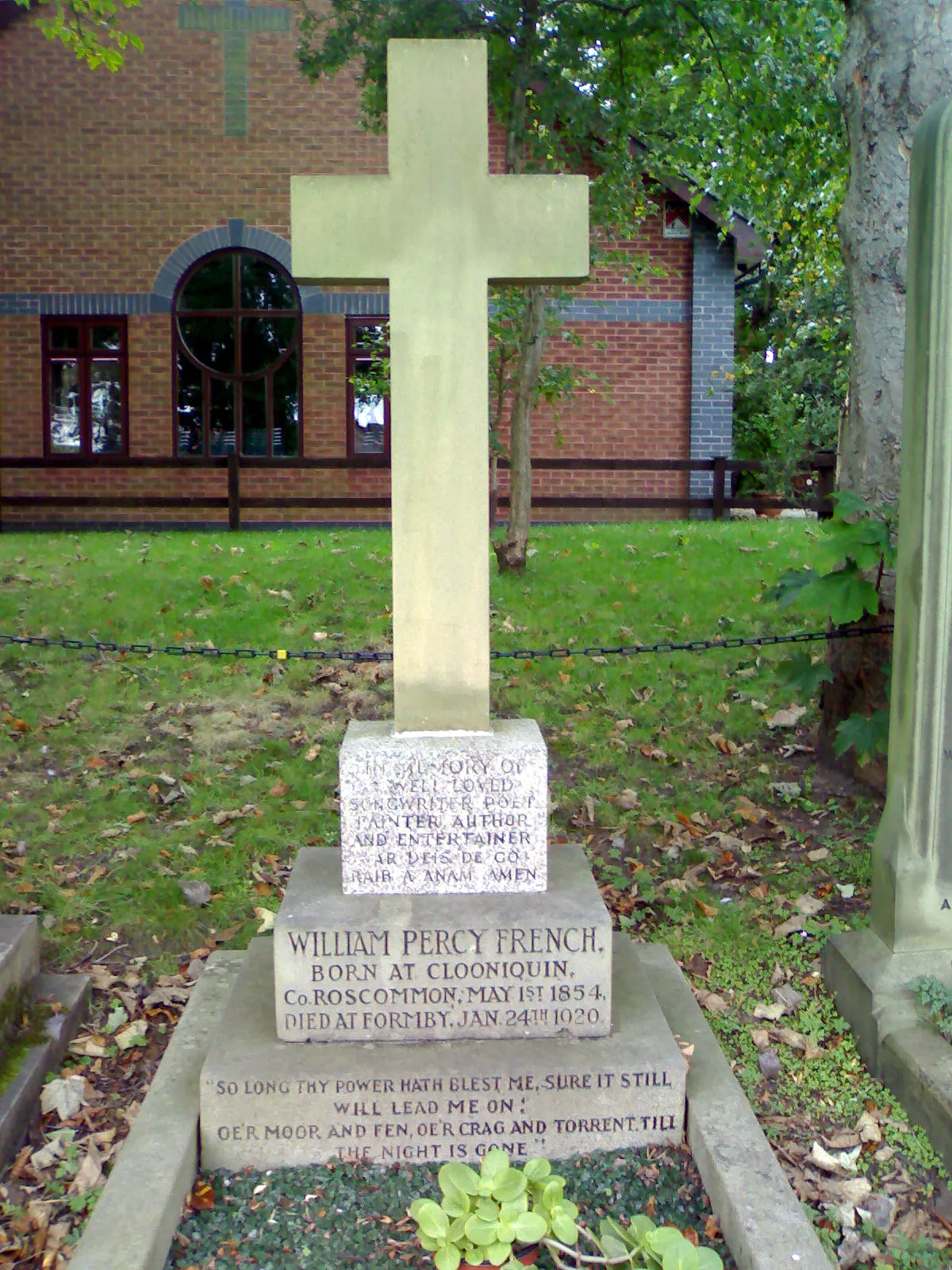 Photo showing: The grave of (William) Percy French in St Lukes Church, Formby, England. Photograph taken by Steven Coulton on Sunday 30th September 2007.
The article it should be in is "Percy French"