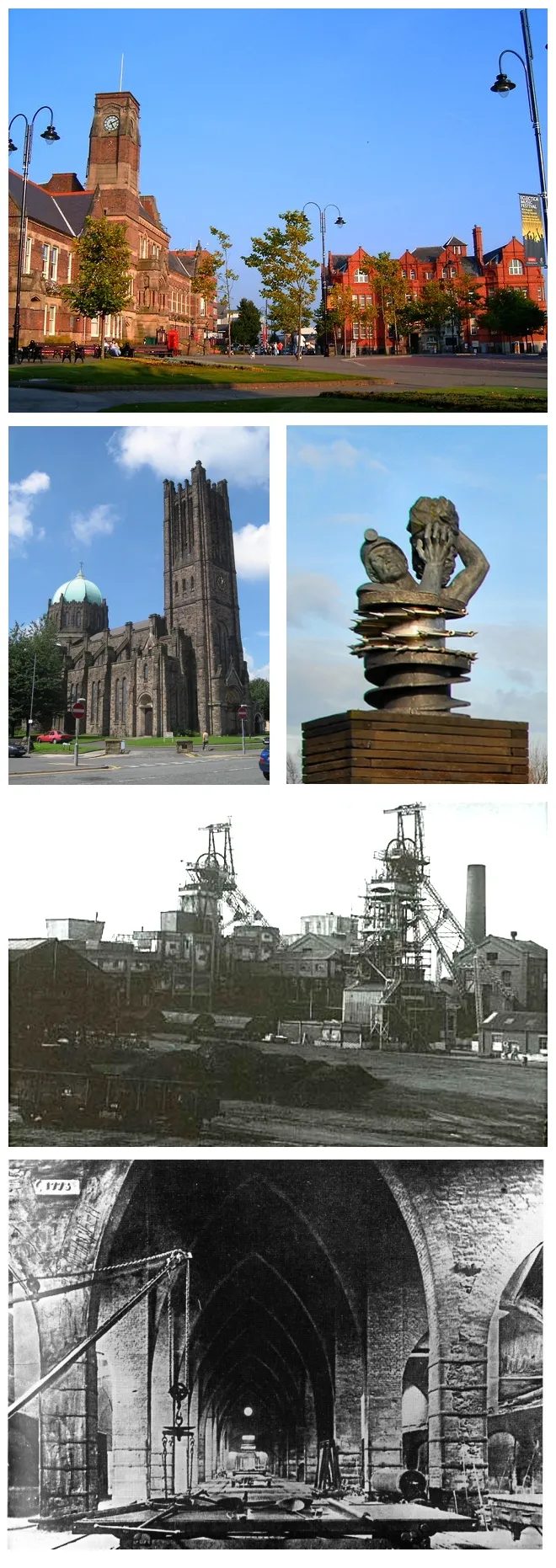 Photo showing: A photo montage using a mix of archive historical images, and current town depictions Creative Commons License

DescriptionSt Helens Photo Montage.jpg

St Helens Victoria Square, depicting Town Hall and Gamble Institute
Date

1 July 2010, 16:15 (UTC)
Source

https://www.google.co.uk/search?q=jimmy+savile&client=ms-android-samsung&prmd=inv&sxsrf=ALeKk00qVI6g0ALMbKmO2XR5rp_1Ul0Gag:1603138555287&source=lnms&tbm=isch&sa=X&ved=2ahUKEwjz6vPAvMHsAhW1uXEKHXCcAB0Q_AUoAXoECAcQAQ&biw=360&bih=577&dpr=3#imgrc=yg9kFmWzNHD-2M
Author

Cathie Garner https://www.geograph.org.uk/profile/42334
Permission (Reusing this file)

Creative Common License, and Public Domain - see below.

"This is a view of Victoria Square in St Helens, Merseyside. On the left hand side can be seen the Town Hall with the clock tower, and directly across from the photographer is the Gamble Institute which houses the Central Library. The statue of Queen Victoria which used to stand in the middle of the square has now been moved to just behind where the photo is taken from."

DescriptionSt Helens Photo Montage.jpg

The Anderton Shearer monument located in St. Helens
Date

1 July 2010, 16:15 (UTC)
Source

https://www.geograph.org.uk/photo/1532332
Author

Galatas https://www.geograph.org.uk/profile/22875
Permission (Reusing this file)

Creative Common License, and Public Domain - see below.

"This monument to Mr. Anderton, the inventor of the power shearer and loader, otherwise known locally as "th'cutter", which revolutionised longwall mining throughout the world.You can see the helical drum of the cutter under the bust of a collier. Each pick in the drum had a manganese-steel tip and each pick was worth £27 over 25 years ago.Originally the monument was situated in front of Anderton House, Lowton, which place housed National Coal Board district administrative offices; with the closure of these offices together with that of the last colliery in the Lancashire coalfield, the monument was moved to National Coal Board (renamed British Coal) Western Area offices in Stoke-on-Trent, Staffordshire. However, as the Anderton shearer was first used at Ravenhead Colliery ("Groves's"), St. Helens, of which colliery Mr. Anderton was the general manager, St. Helens council asked British Coal if they could transfer the monument to a site which is very near to where Ravenhead colliery used to be. One more point (and don't tell anybody): Mr. Anderton was a Wiganer.
There is often confusion between James Anderton CBE , former chief constable of Manchester who was born in Wigan , and James Anderton OBE , inventor of the power shearer , whose birthplace I have so far been unable to confirm. However he lived locally and died aged 89 at his home in Newton le Willows."

DescriptionSt Helens Photo Montage.jpg

St Mary's Lowe House
Date

16:15, 1 July 2010 (UTC)
Source

https://www.geograph.org.uk/photo/511032
Author

Sue Adair https://www.geograph.org.uk/profile/1657
Permission (Reusing this file)

Creative Common License, and Public Domain - see below.

"The impressive St Mary’s Lowe House, dubbed “The Poor Man’s Cathedral”, was built using money collected from working class people during the depression. The land on which the present church stands, was donated in 1793 by the widow of John Gorsuch Eccleston of Eccleston Hall (her maiden name was Lowe). The chapel was replaced with the current building, the tower and dome of which dominate the skyline of St Helens."
Public Domain
Ravenhead Mine Works - Public Domain, St Helens Library Archives

Casting Hall, British Plate Glass Co. Ravenhead - Public Domain, St. Helens Library Archives