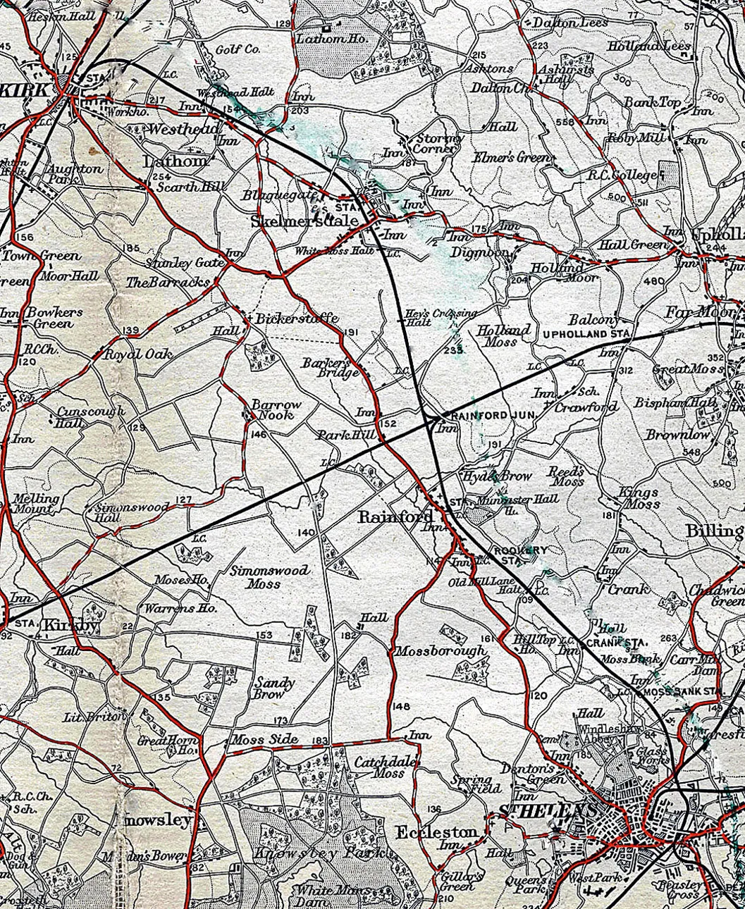 Photo showing: 1911 Map showing railways in the Ormskirk, Skelmersdale and St Helens area