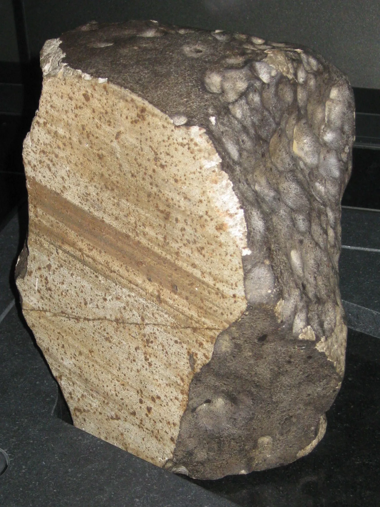 Photo showing: Wold Cottage meteorite.  A chondrite which fell near Wold Cottage Farm, near Wold Newton in 1795.  On display in the Natural History Museum, London, March 2013.