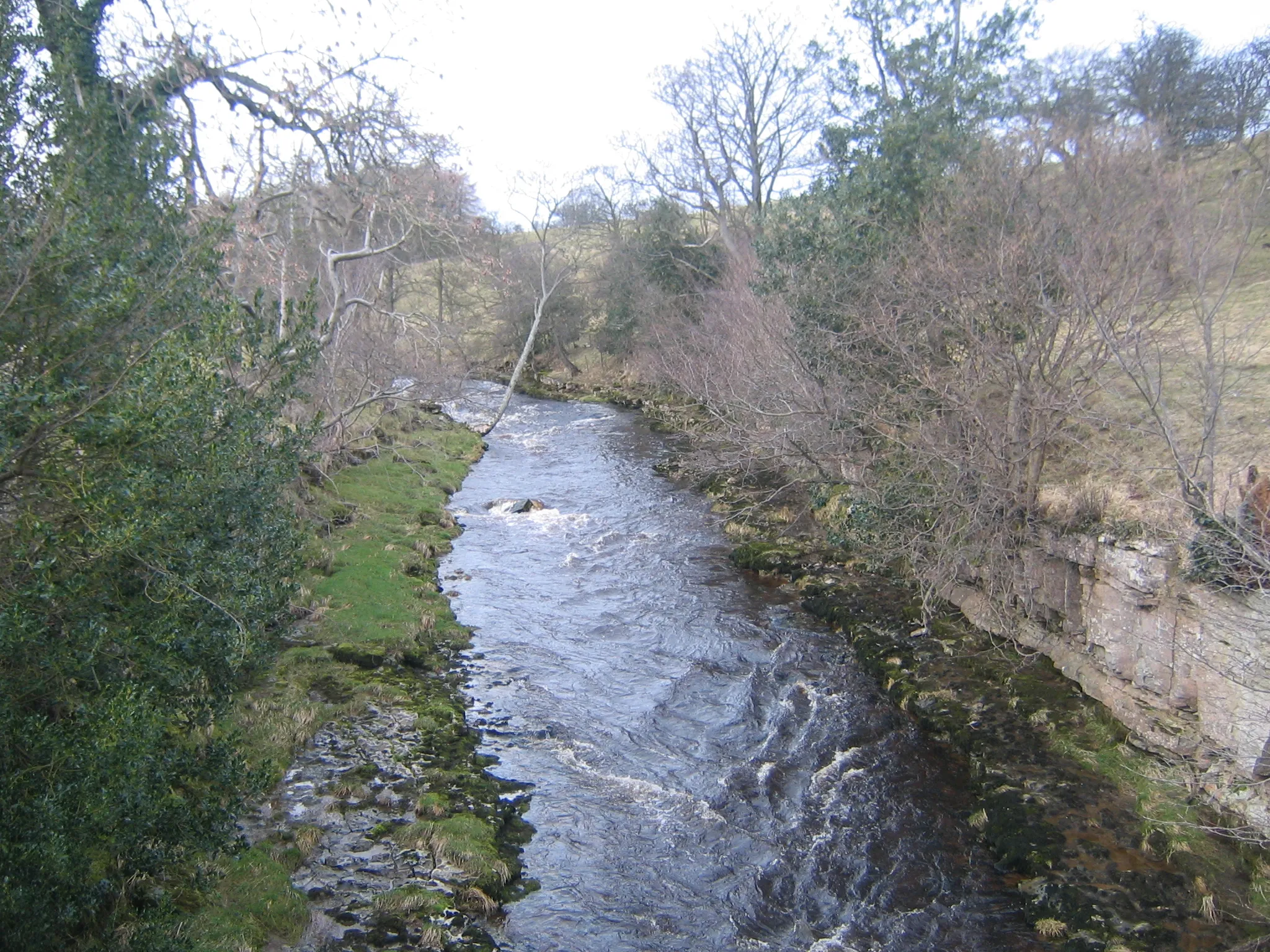 Photo showing: River Cover at Hullo Bridge This photograph shows a view of the River cover as it flows in an easterly direction towards its junction with the River Ure near East Witton. The picture was taken from Hullo Bridge looking in a westerly direction towards Coverham.