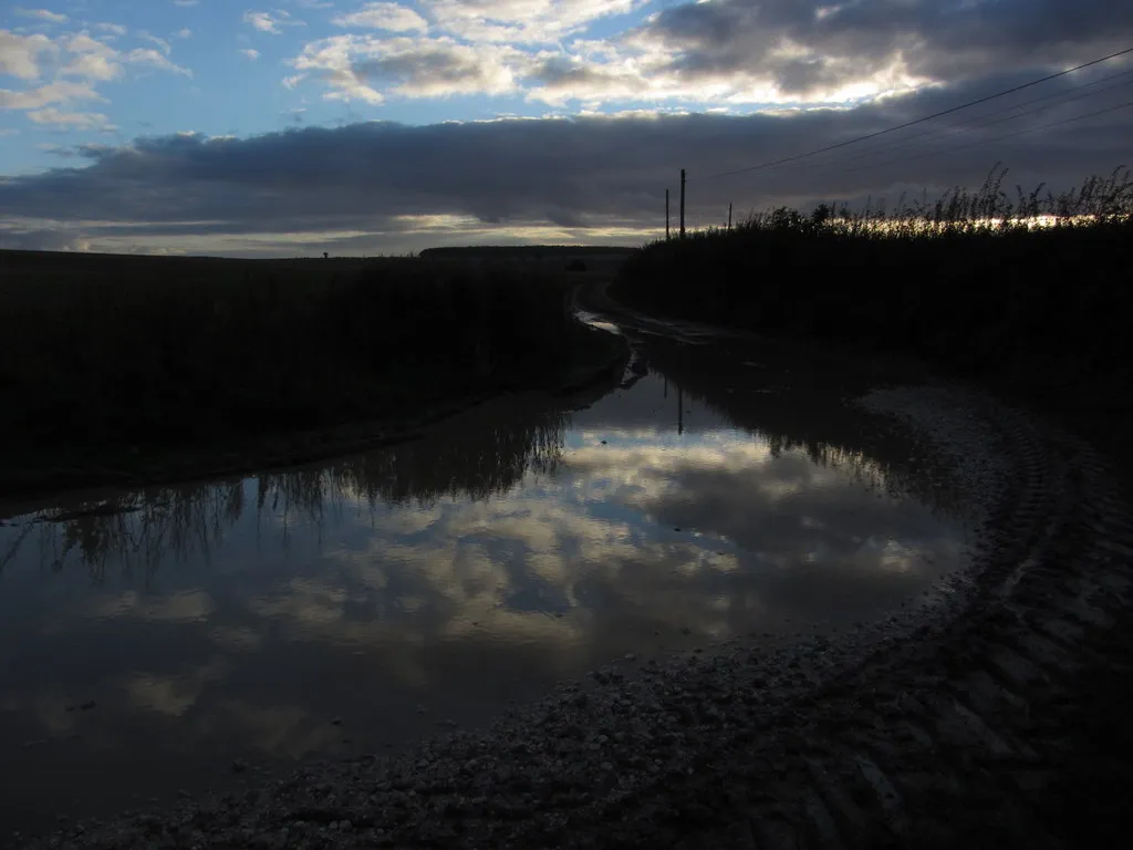 Photo showing: Evening light & flooded track, south of Wharram le Street