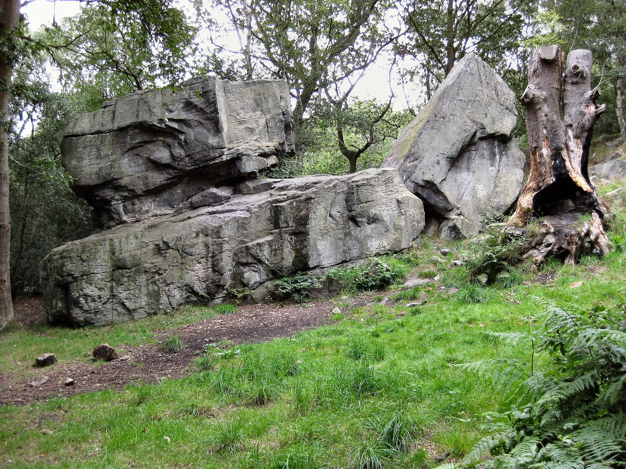 Photo showing: Adel Crag, an outcropping in North Leeds, also known as Alwoodley Crag.  Between Stairfoot Lane and Crag Lane, Leeds LS17. Close to the Meanwood Valley Trail.In the 19th century a starting point for fox hunts.