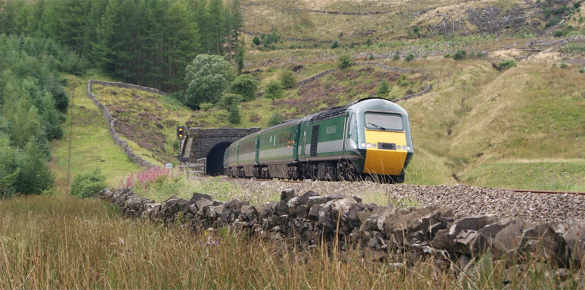 Photo showing: A fully refurbished, all first class, HST 125, Rail Charter Services, emerges from the North portal of Blea Moor Tunnel, August 2021