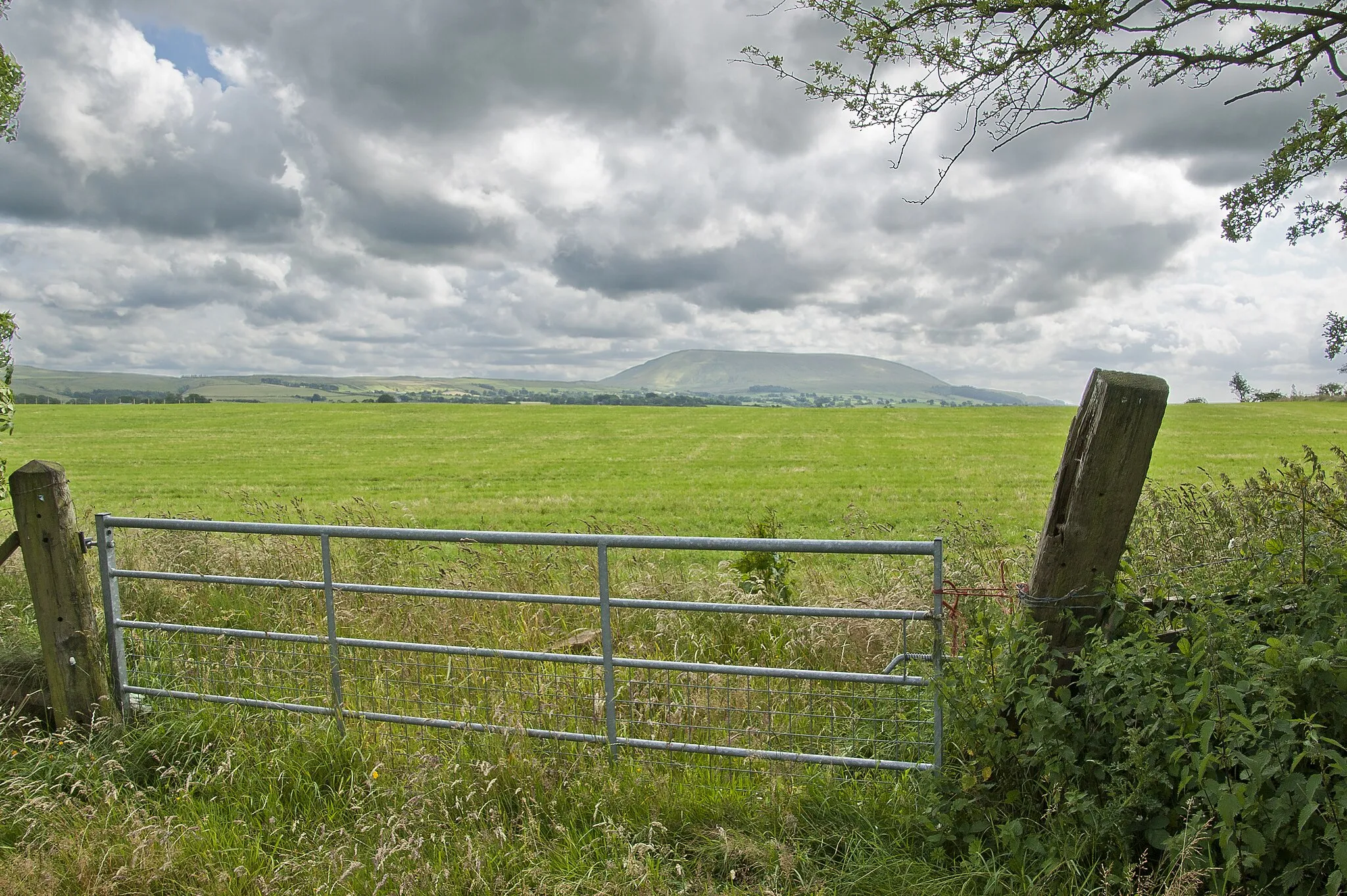 Photo showing: A gate at Rough Hill offering a view of Pendle Hill