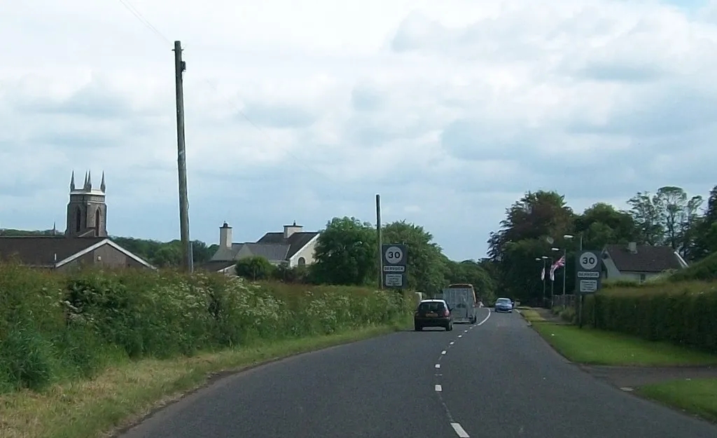 Photo showing: Castlecat Road at the entrance to the village of Dervock