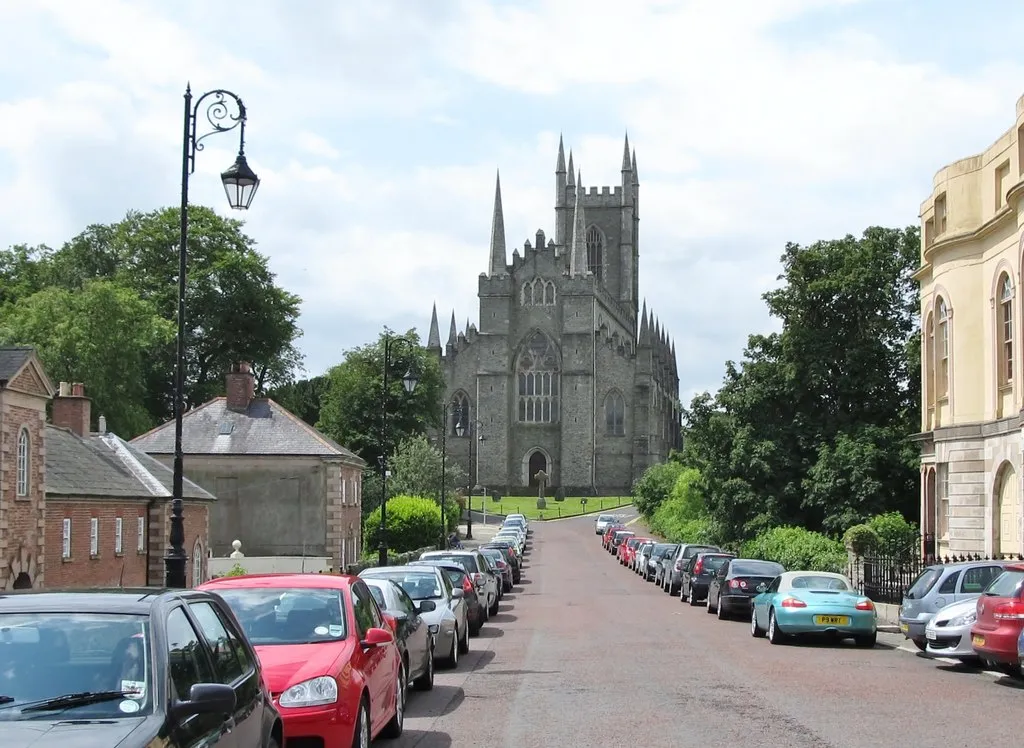 Photo showing: View west along English Street towards Downpatrick Cathedral