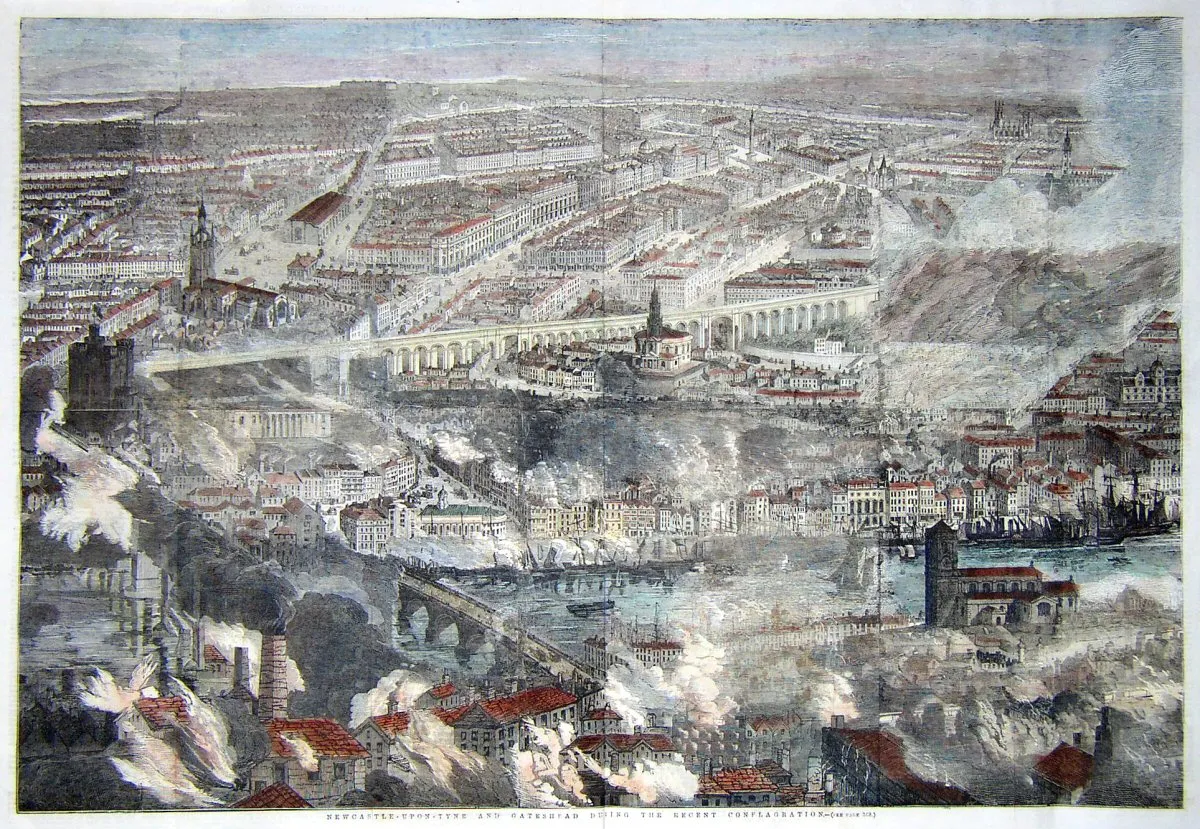 Photo showing: "Newcastle-upon-Tyne and Gateshead during the Recent Conflagration", engraving from the Illustrated London News, October 14, 1854

Newcastle and Gateshead Great Fire 1854