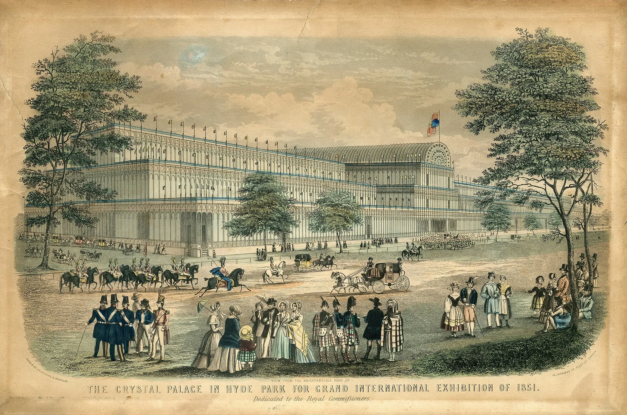 Photo showing: View from the Knightsbridge Road of The Crystal Palace in Hyde Park for Grand International Exhibition of 1851. Dedicated to the Royal Commissioners., London: Read & Co. Engravers & Printers, 1851.