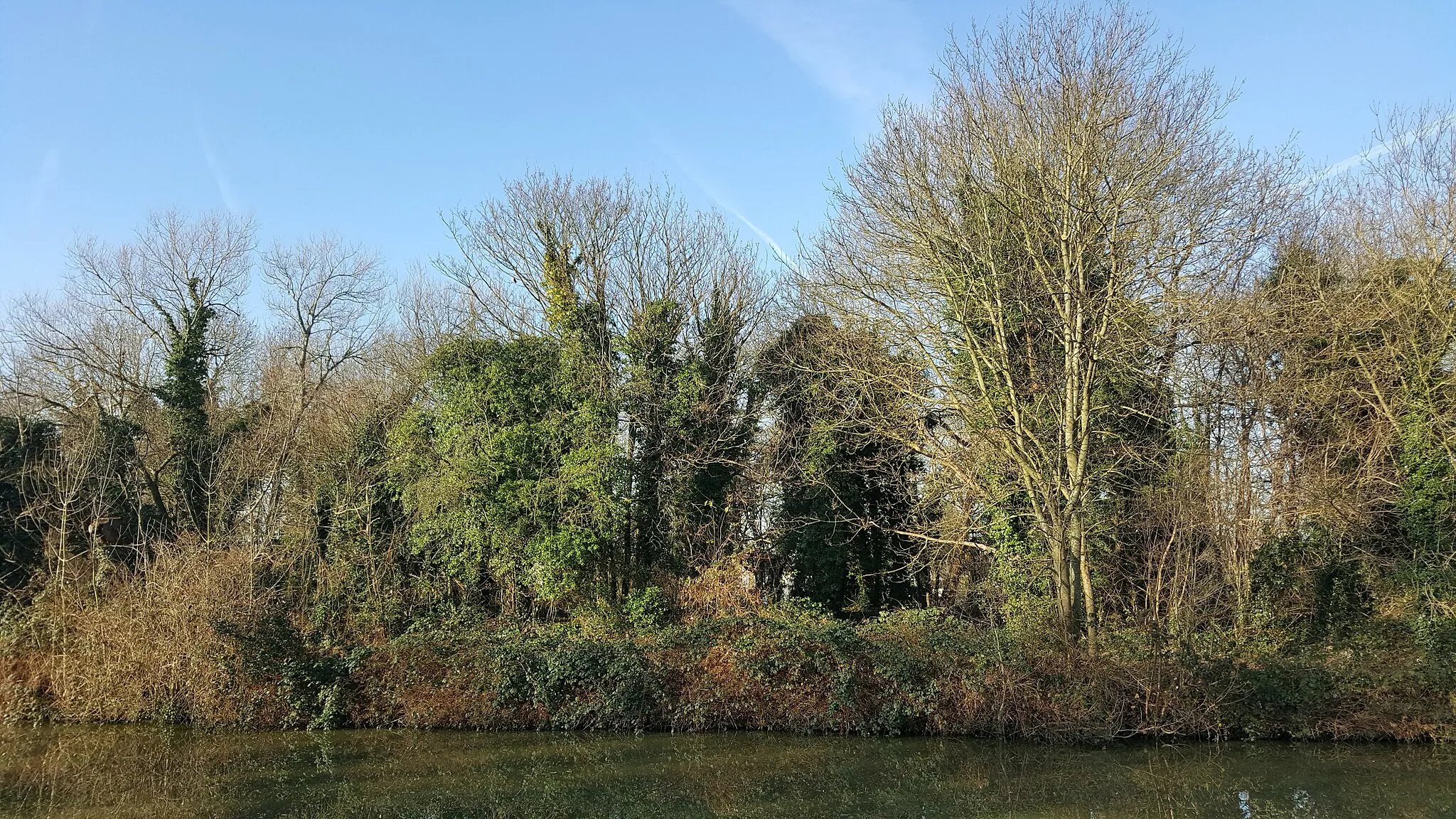 Photo showing: , an island in the River Thames off the shore of Sunbury, Surrey. Despite the name it is not accessible directly from Sunbury, other than by a footbridge to Wheatley's Aitwhich is closed to the public. A public footbridge connects the island to the south bank of the Thames near Walton on Thames.