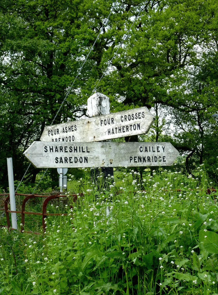 Photo showing: Battered signpost  at Calf Heath, Staffordshire