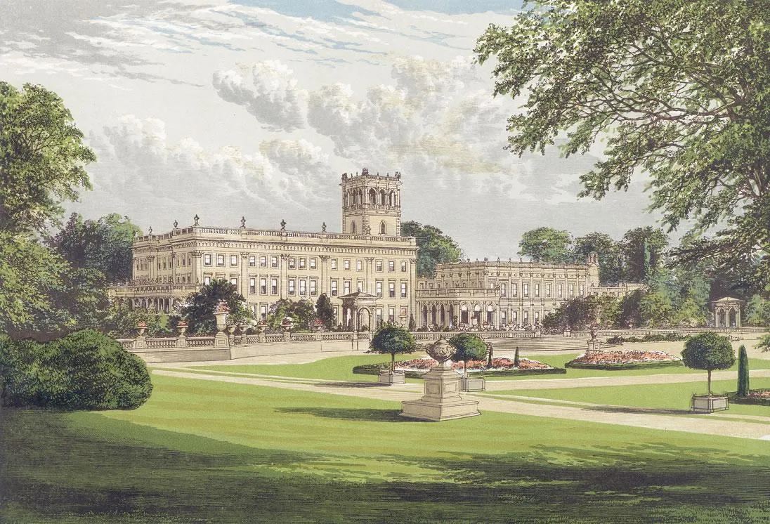 Photo showing: Trentham Hall in 1880 from Morris's Seats of Noblemen and Gentlemen. The front entrance is at the left, leading into the three storey main house. The two storey family wing is at the right, beyond the en:campanile.
Trentham Hall, Staffordshire, home of the Duke of Sutherland, c1880. A print from A Series of Picturesque Views of Seats of the Noblemen and Gentlemen of Great Britain and Ireland, edited by Reverend FO Morris, Volume I, William Mackenzie, London, c1880. Wood-engraved plates after paintings by Benjamin Fawcett and Alexander Francis Lydon.