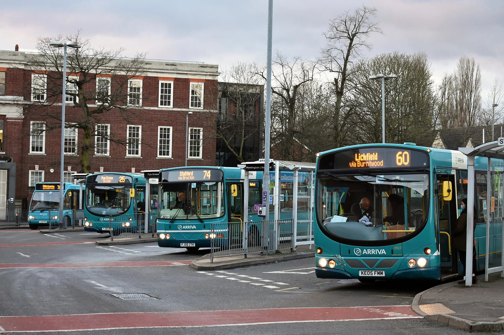 Photo showing: Cannock Bus Station, in the town centre, with various Arriva buses at the stands.
