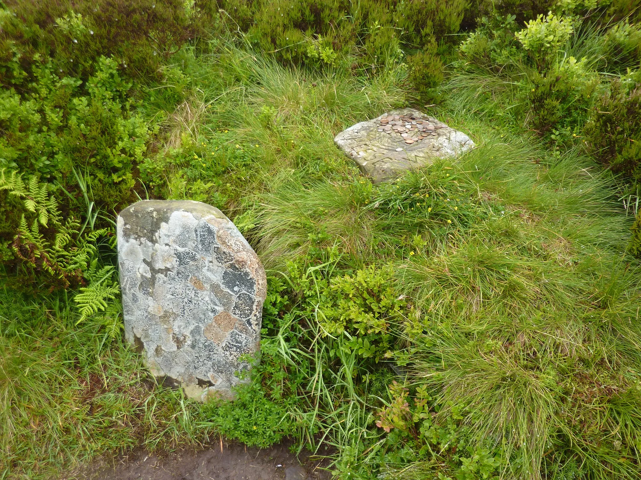 Photo showing: These two stones mark the Cheese Well where travellers used to leave cheese or other food to thank the faries for a safe journey.

Day 14 of the Southern Upland Way blogged about at ramblingman.org.uk/southernuplandway/day14