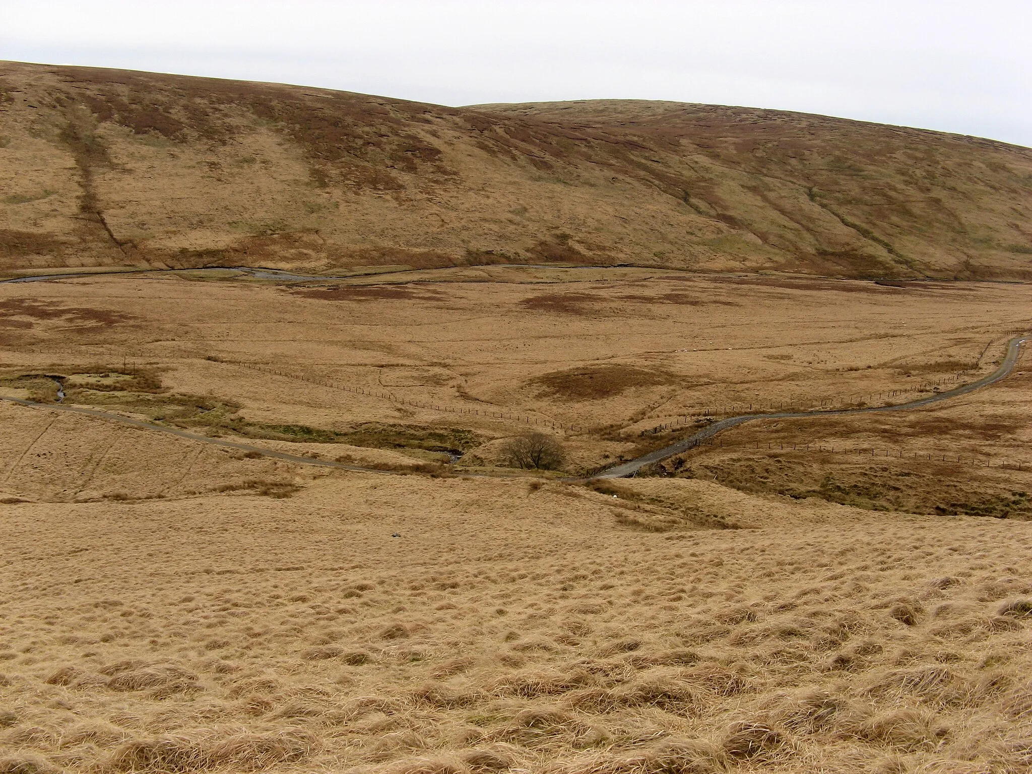 Photo showing: Bridge over Howe Cleuch Taken from the east ridge of Ewe Gair, looking across the Daer Water at the far side of the flat ground, towards Over Law.