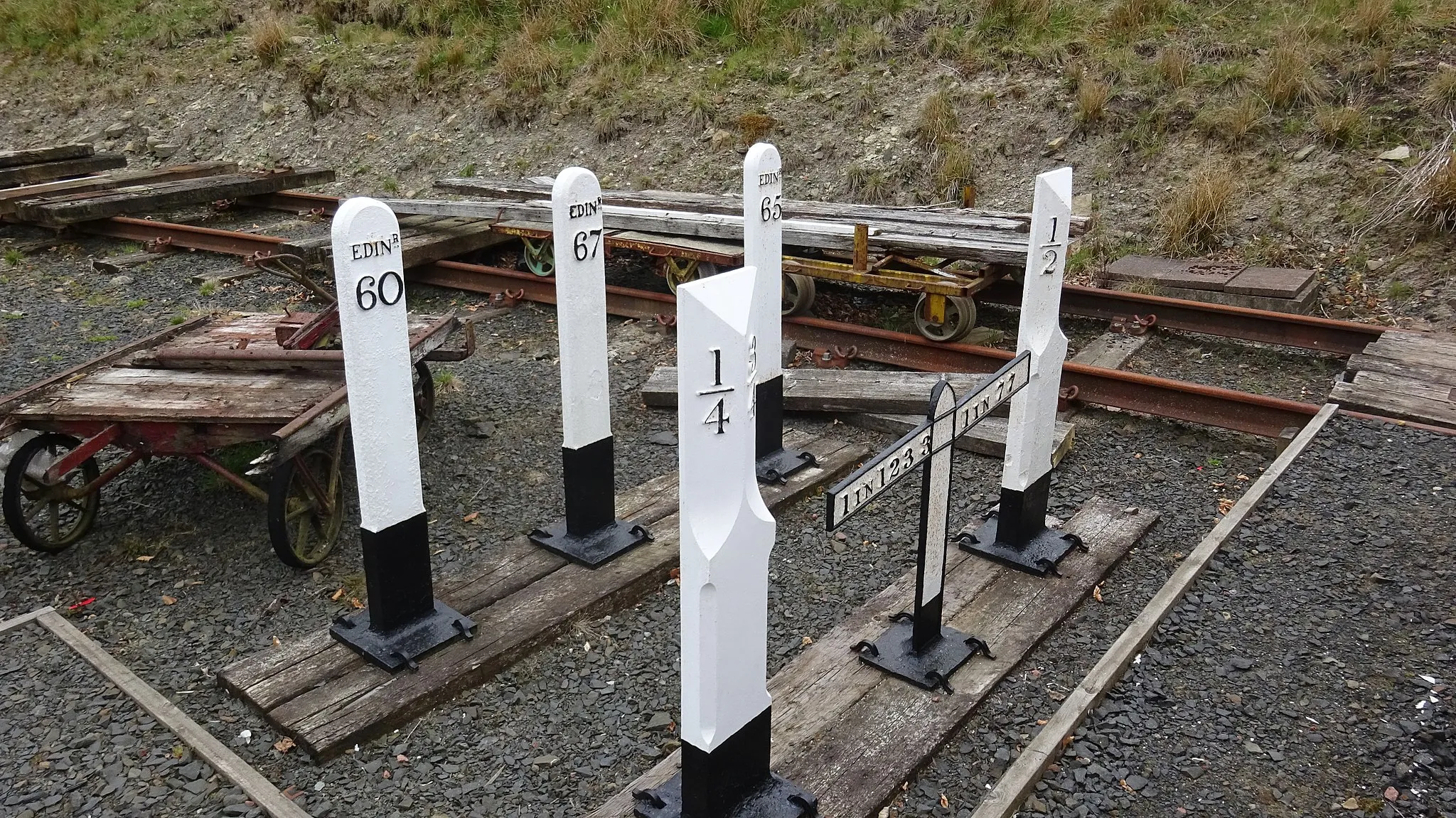 Photo showing: Whitrope Siding, Border Union Railway, Waverley Route. Display of mileposts.