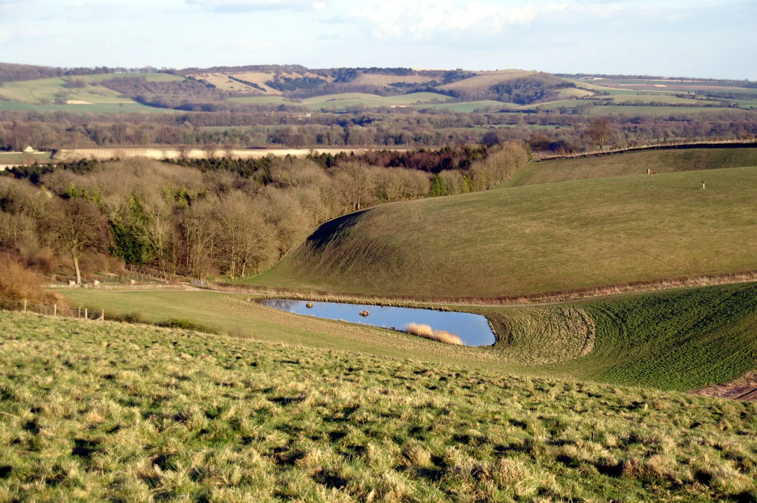 Photo showing: The southern of the two north-east facing combes on the eastern side of Beacon Hill, looking across the Meon Valley to the south of Warnford, Hampshire, towards Old Winchester Hill. Despite superficial resemblance to a glacial feature, the lake is artificial and the combe probably periglacial.