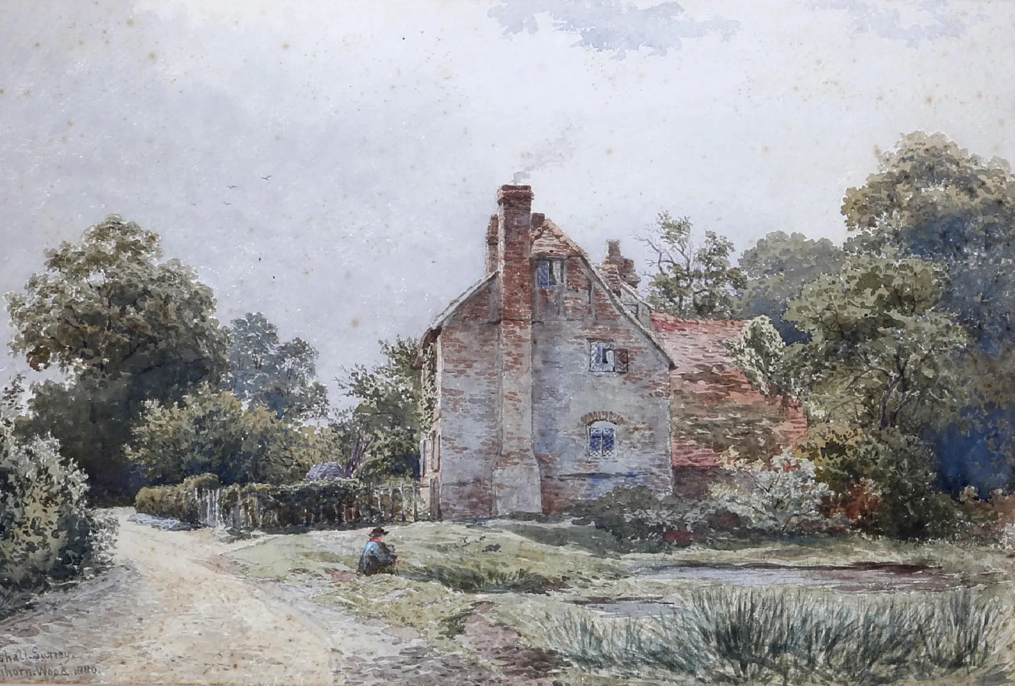 Photo showing: This watercolour, measuring 33x50cms, portrays a 16th century manor house at Towerhill in Gomshall, Surrey, close to the artist's family home of 'Burnside' (now 'Sayers') in Shere village.