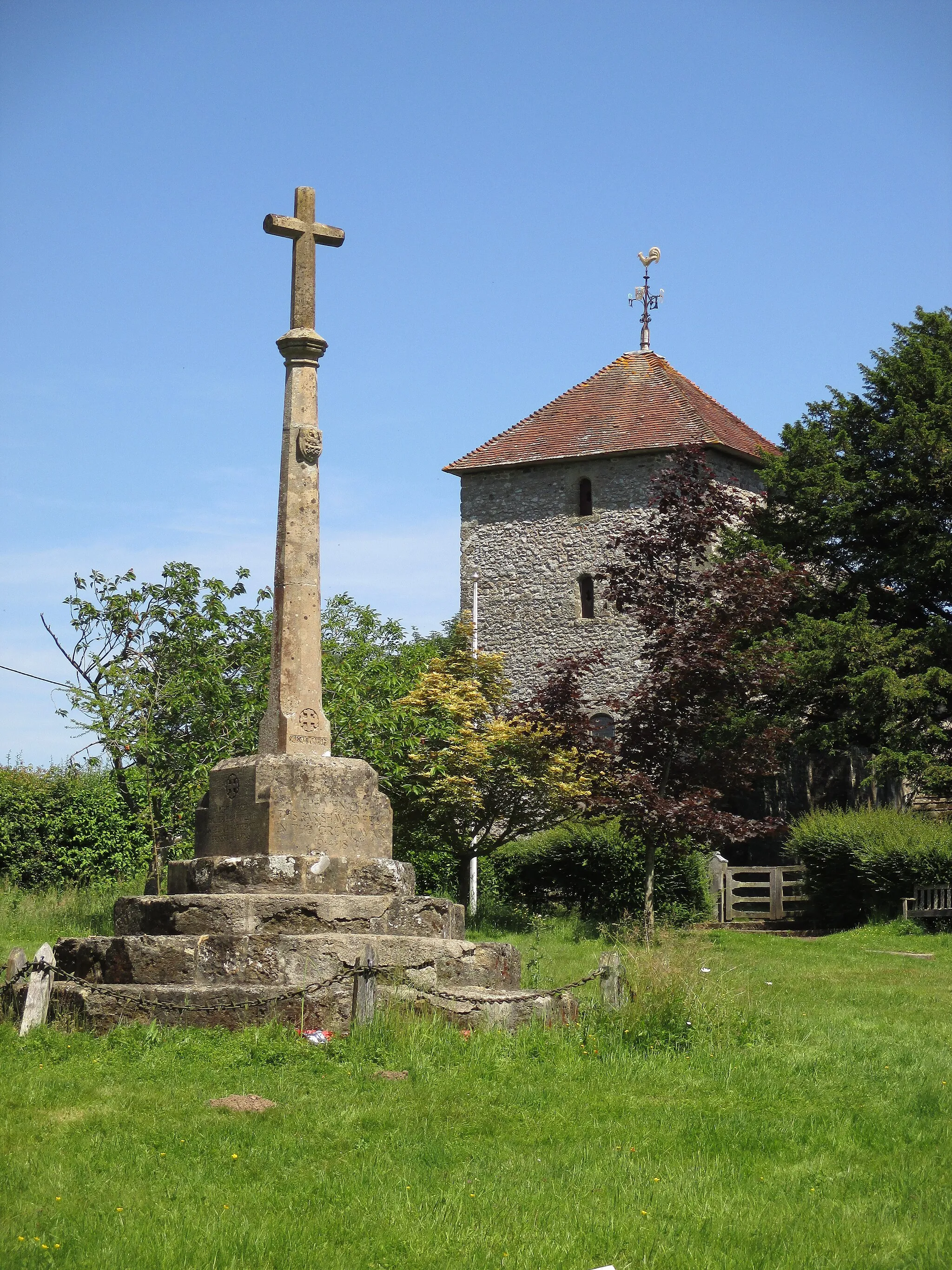 Photo showing: The war memorial and St Mary's Church, Stopham, West Sussex.