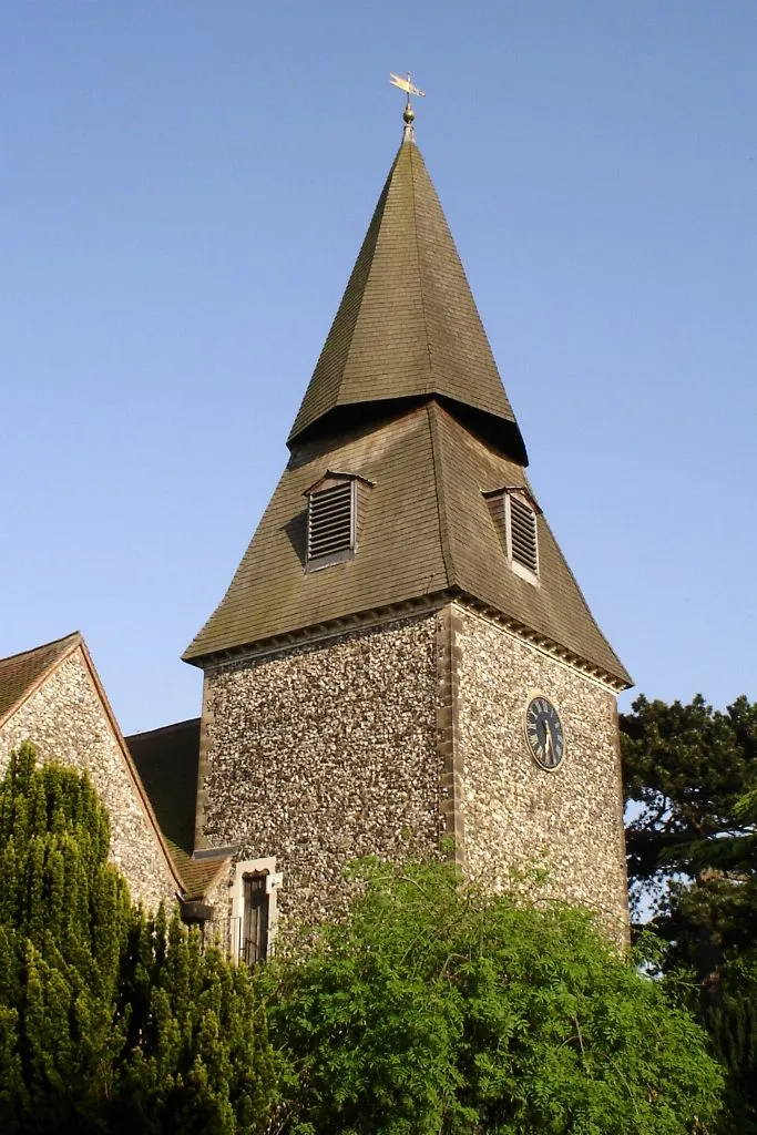 Photo showing: West tower and spire of St Mary the Virgin parish church, Bexley, London (formerly Kent)