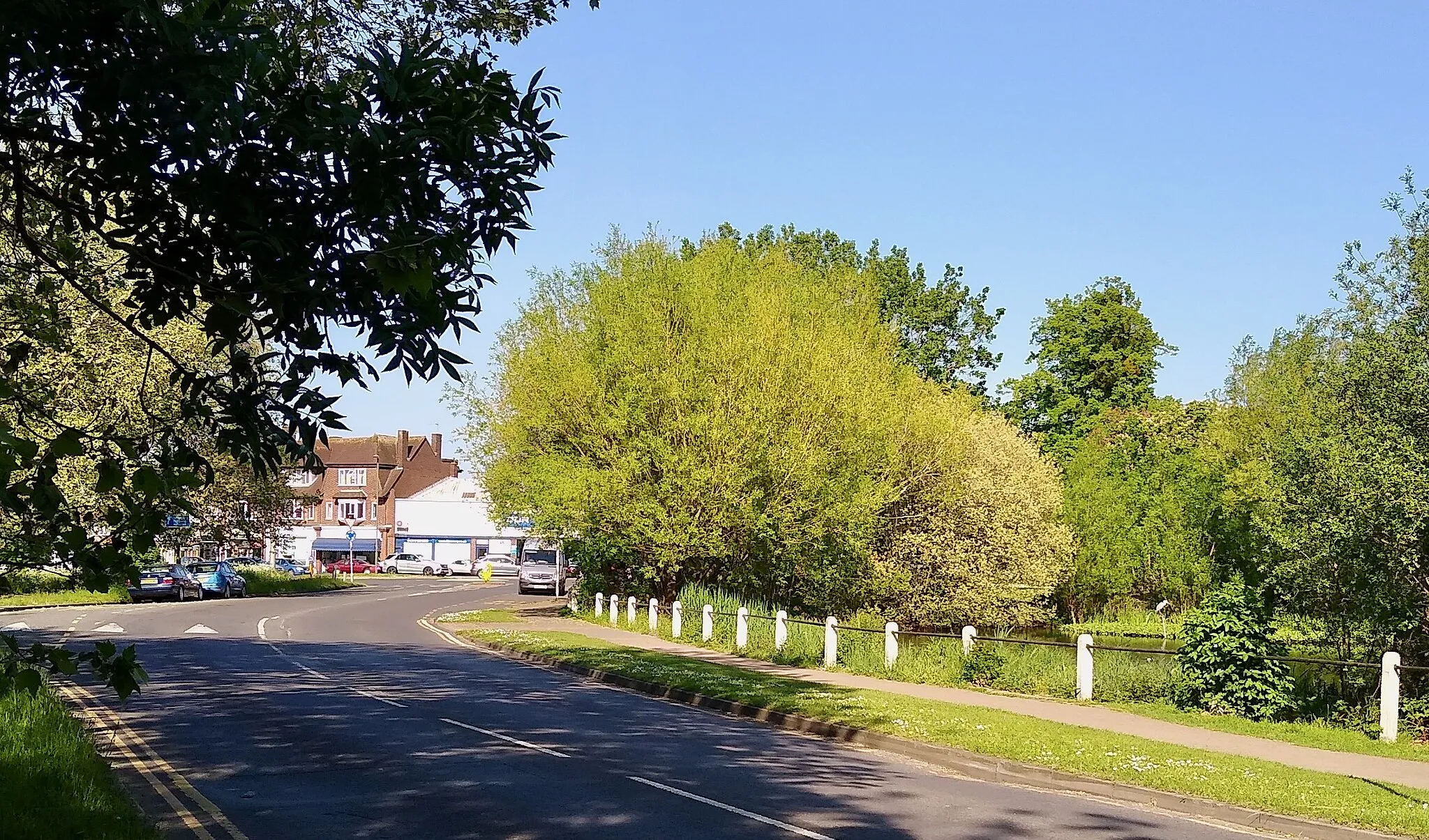 Photo showing: View north west along Barnett Wood Lane, Lower Ashtead, with pond on right.