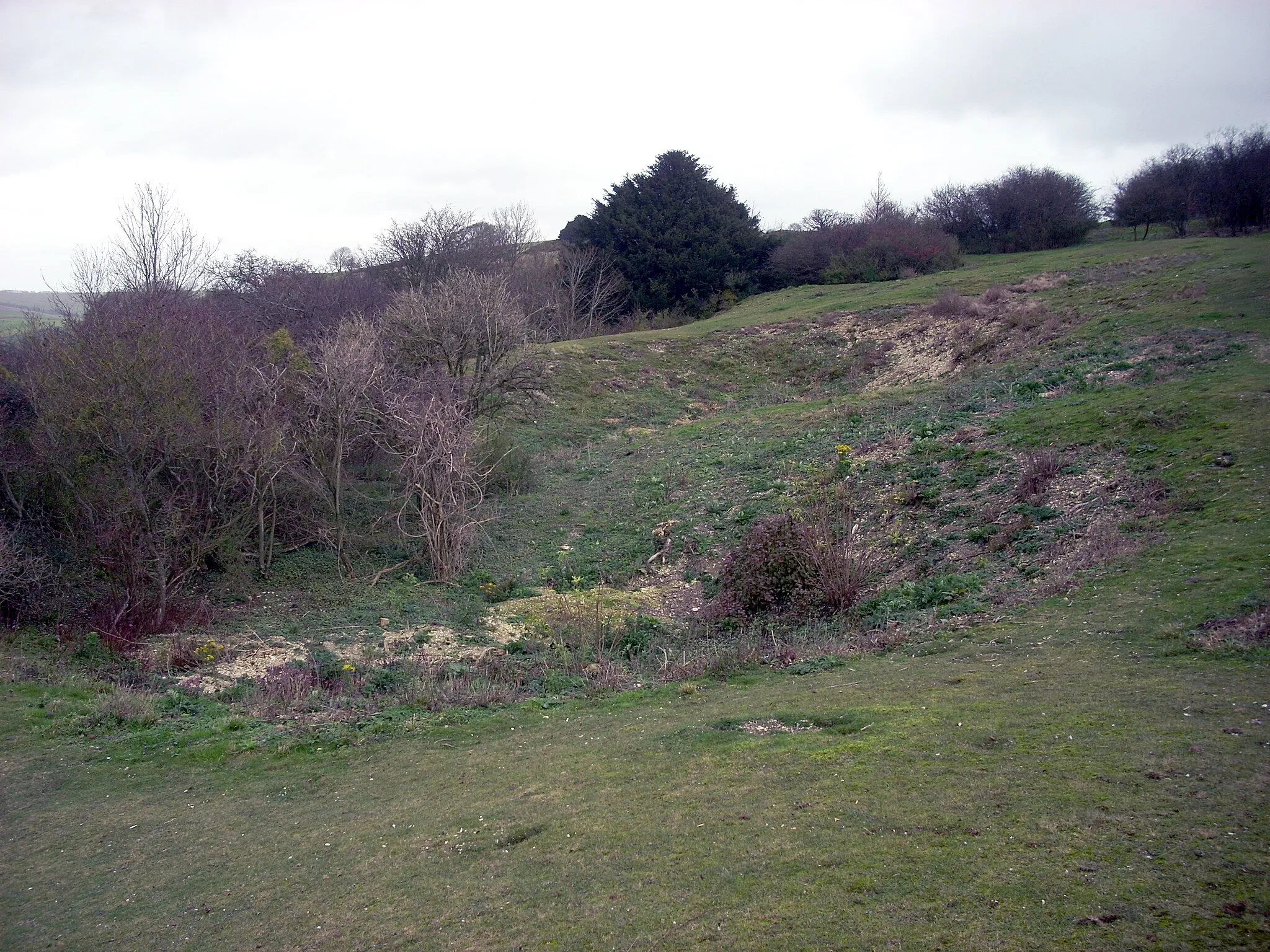 Photo showing: Neolithic flint mine inside Cissbury Ring, an Iron Age hillfort in West Sussex.