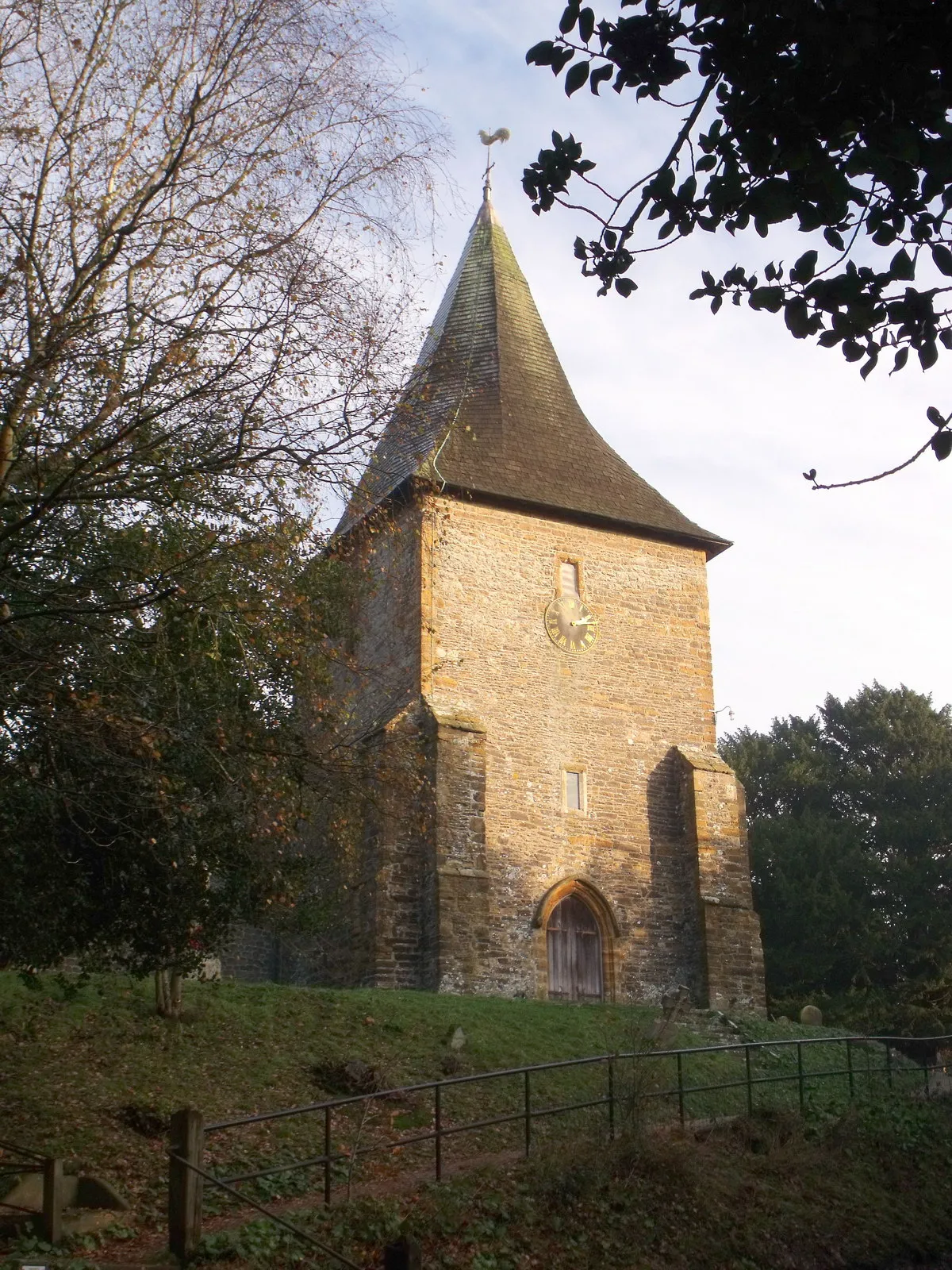 Photo showing: West tower of St Laurence's parish church, Catsfield, East Sussex, seen from the west