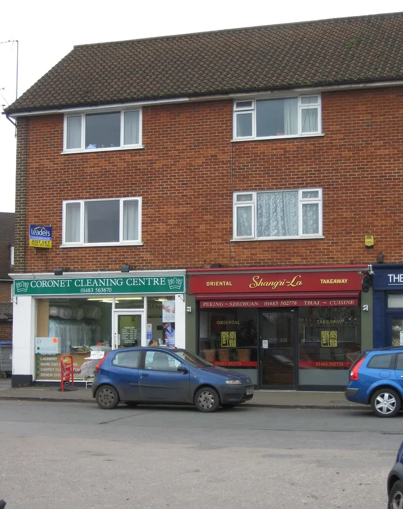 Photo showing: Coronet Cleaning Centre & Shangri-La, Kingpost Parade, Burpham, Guildford