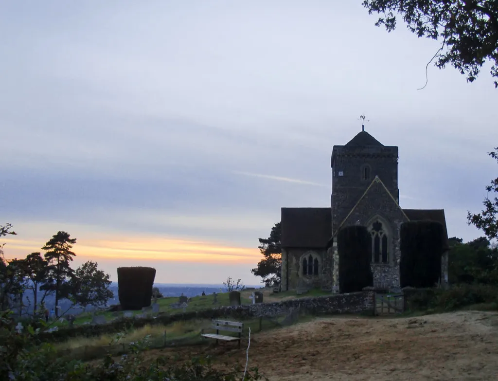 Photo showing: St Martha's on the Hill, at sunset