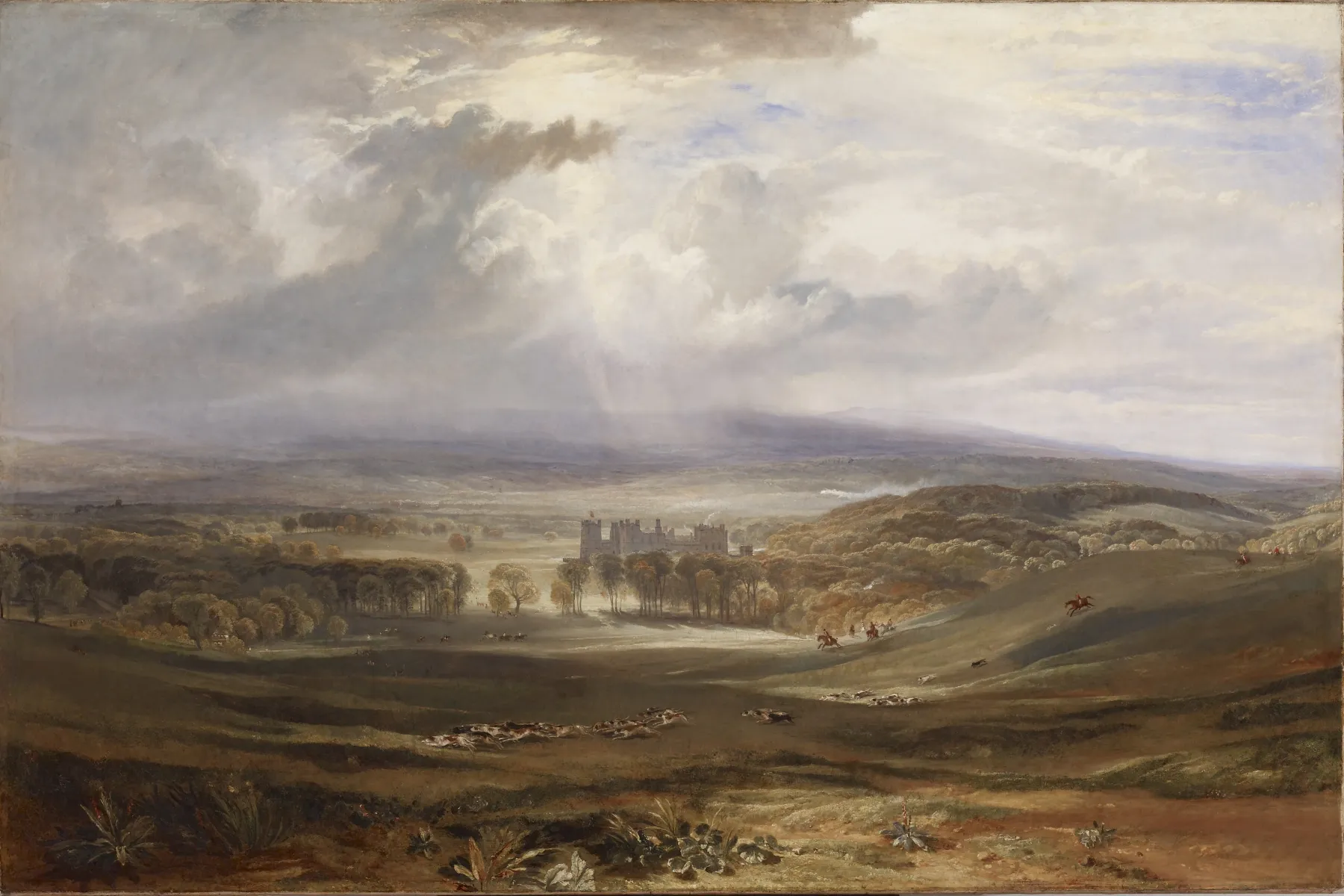 Photo showing: Before he painted Romantic subjects drawn from classical, biblical, literary, and contemporary sources, Turner specialized in topographical views. This work, commissioned by the third earl of Darlington, is one of Turner's most successful "house portraits." It is also one of the first works in which he fully exploits the dramatic potential of the sky. The earl, an avid sportsman who reportedly hunted six days a week, may have influenced Turner's rendering of the scene. When the painting was first exhibited at the Royal Academy in 1818, it included a mounted huntsman in the foreground. Turner subsequently painted over this figure after his work had been denounced as a "detestable fox-hunting scene." Raby Castle, a ca. 1380 structure, is located in County Durham, England.