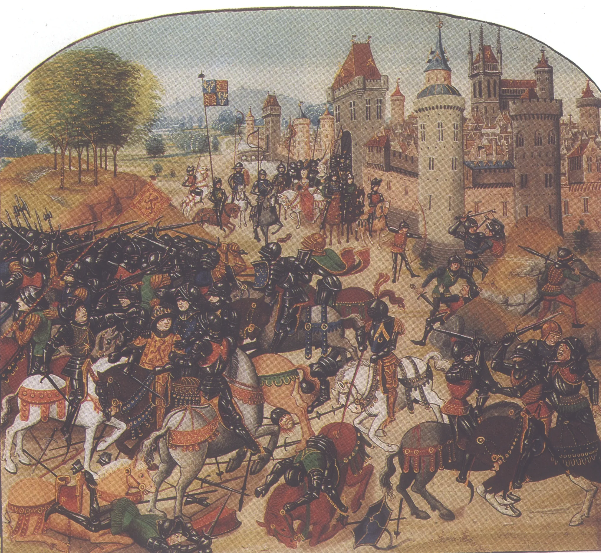 Photo showing: David II, King of Scots, taken prisoner (lower left) at Neville's Cross, from an edition of Froissart's Chronicles.