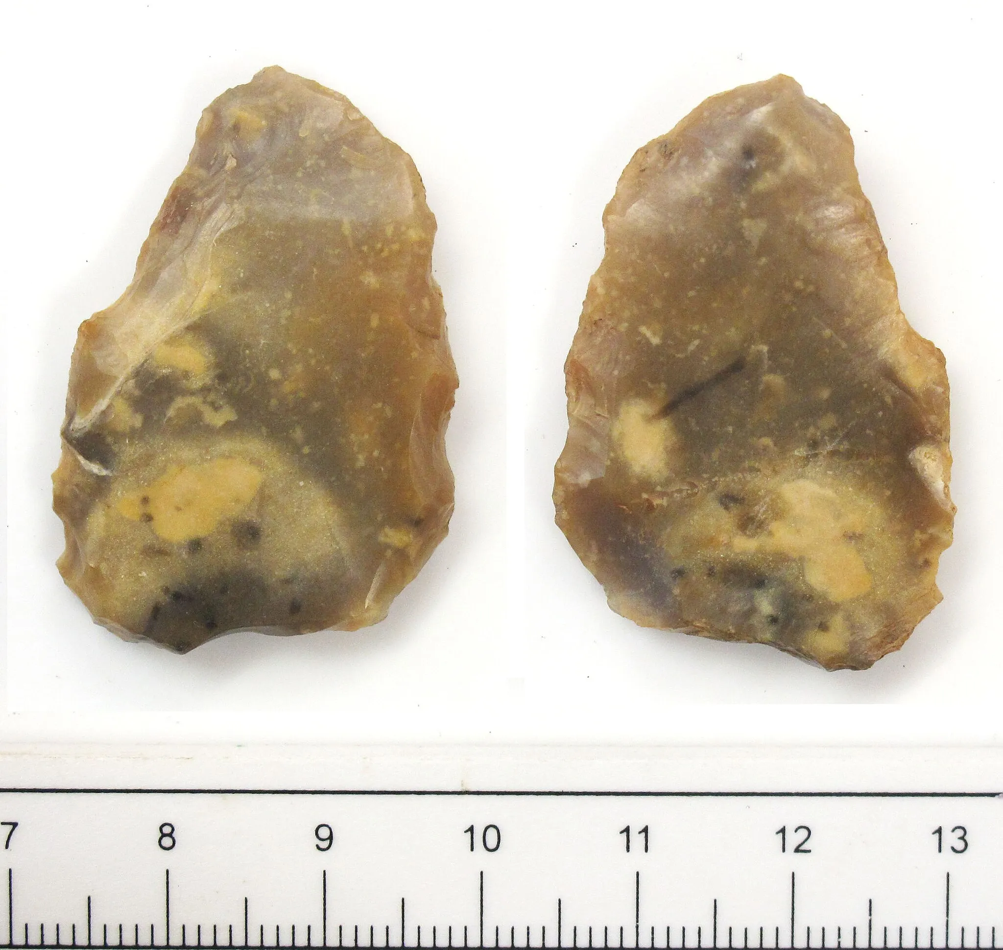 Photo showing: A retouched lithic implement that is possibly Neolithic/Bronze Age date. The object is roughly triangular in shape and brown/green in colour. Both faces are smooth and the retouching occurs around the edge of the object. It weighs 6.8g in total, measuring 37.06mm in length, 25.51mm in width and 4.46mm in thickness.