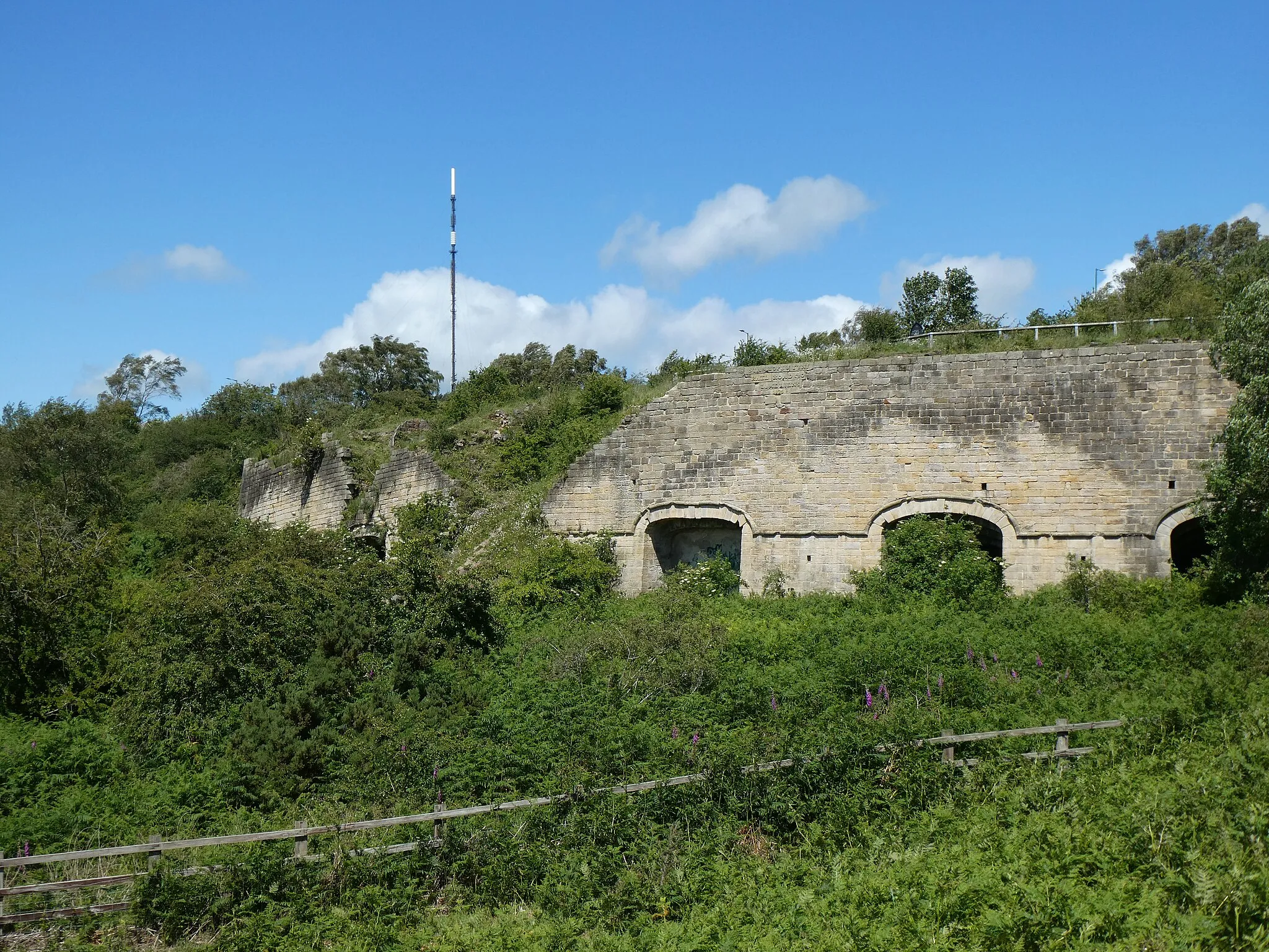 Photo showing: Bantling Lime Kilns at East Castle, Annfiled Plain, with Pontop Pike television transmission mast in the background.