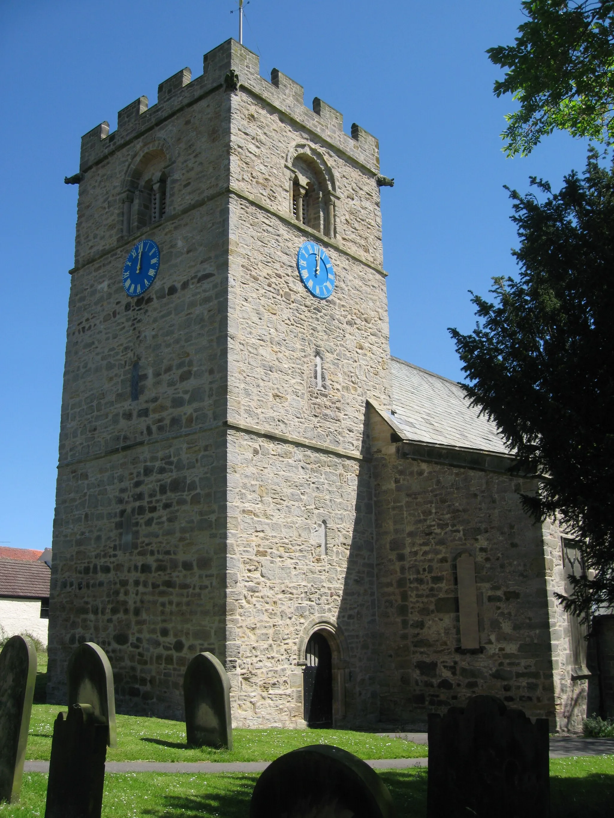 Photo showing: West tower of St Michael's parish church, Heighington, County Durham, seen from the southwest