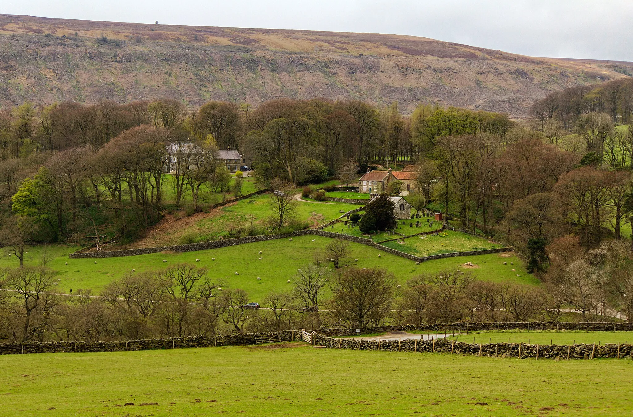Photo showing: Photo of the Cockayne hamlet from Bransdale Road showing lodge and church