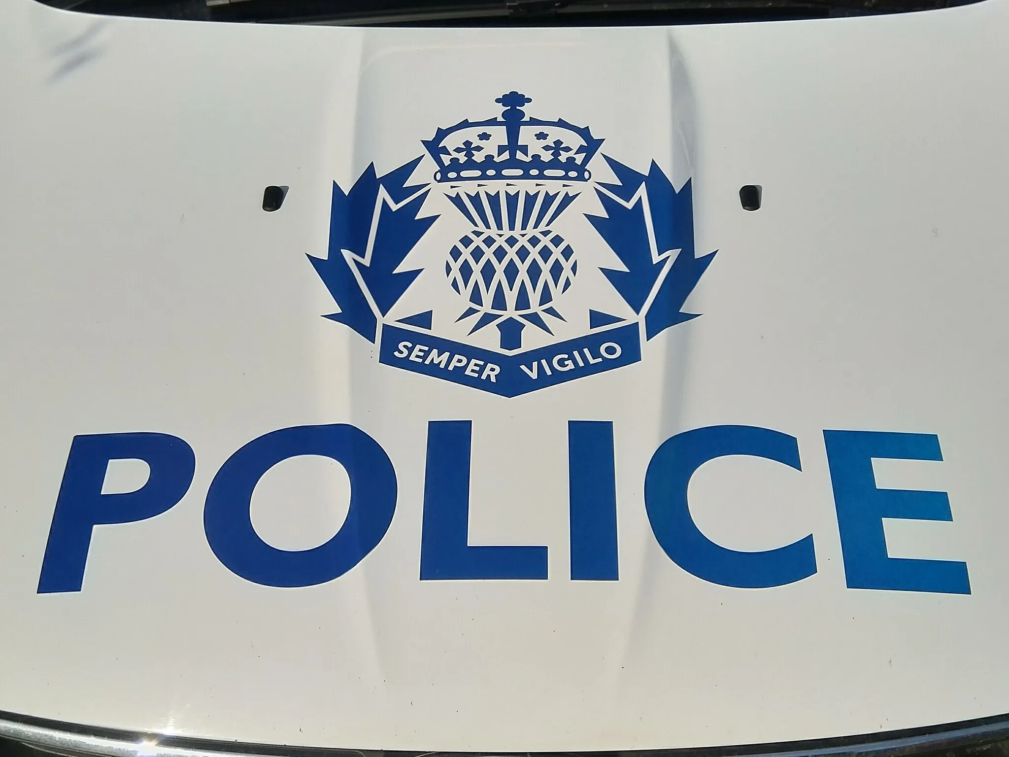 Photo showing: Police Scotland vehicle decal (Monolingual) showing the stylised Royal Thistle badge (A thistle surmounted by the Crown of Scotland) and Latin motto SEMPER VIGILO (Always Vigilant).