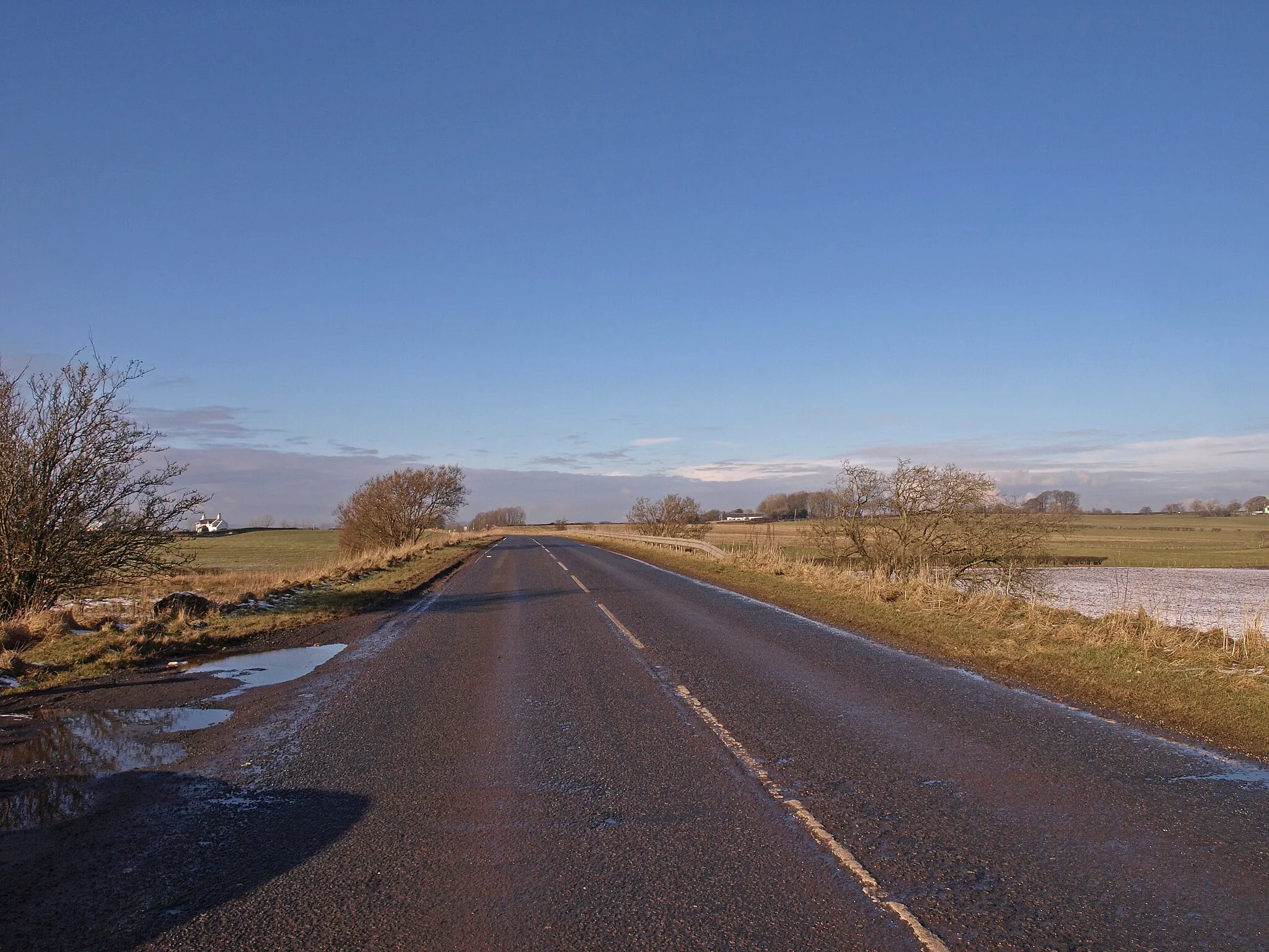 Photo showing: A735 near Dunlop The cottages are Pointhouse left and Minyorca right.