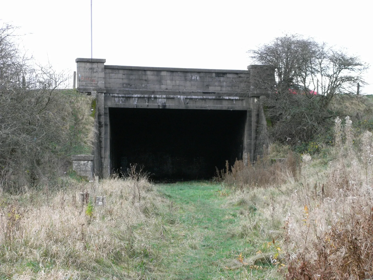 Photo showing: A bridge that was once part of the Darvel Branch railway line on the outskirts of Hurlford, East Ayrshire. The bridge has been filled in on one side. Photo by Dreamer84, taken on 6 November 2007.