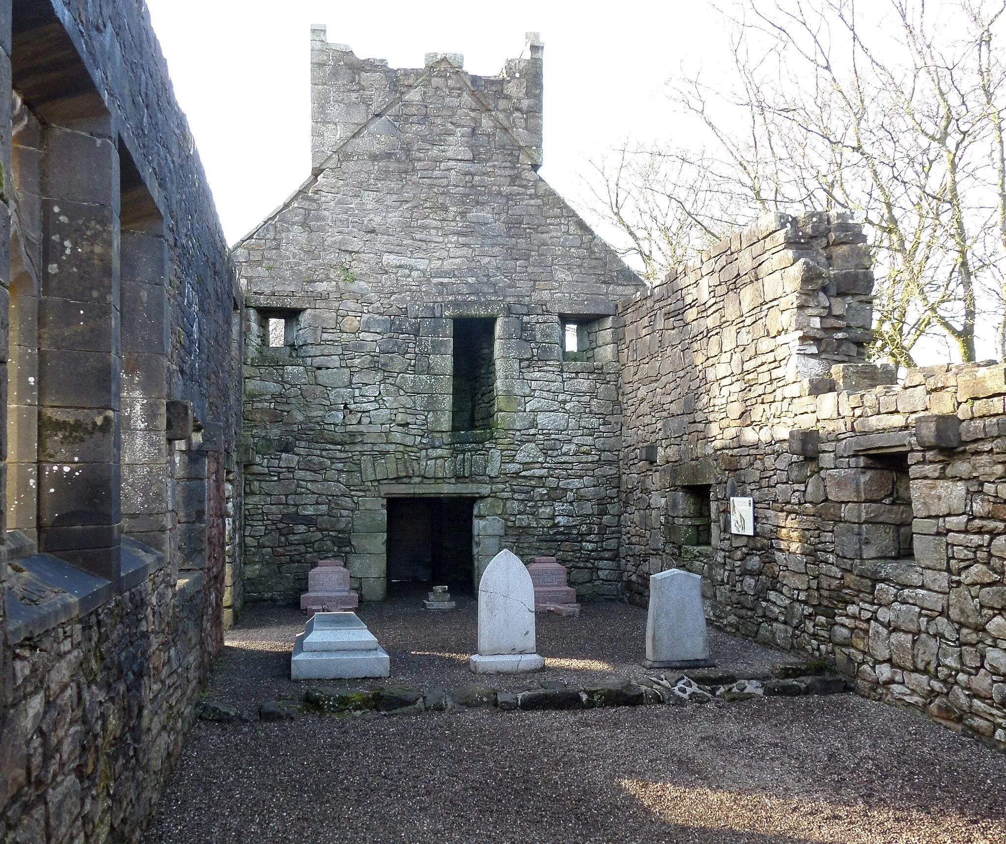 Photo showing: Castle Semple Collegiate Church, interior, north facing, Renfrewshire, Scotland. Graves of the Hervey's of Castle Semple.