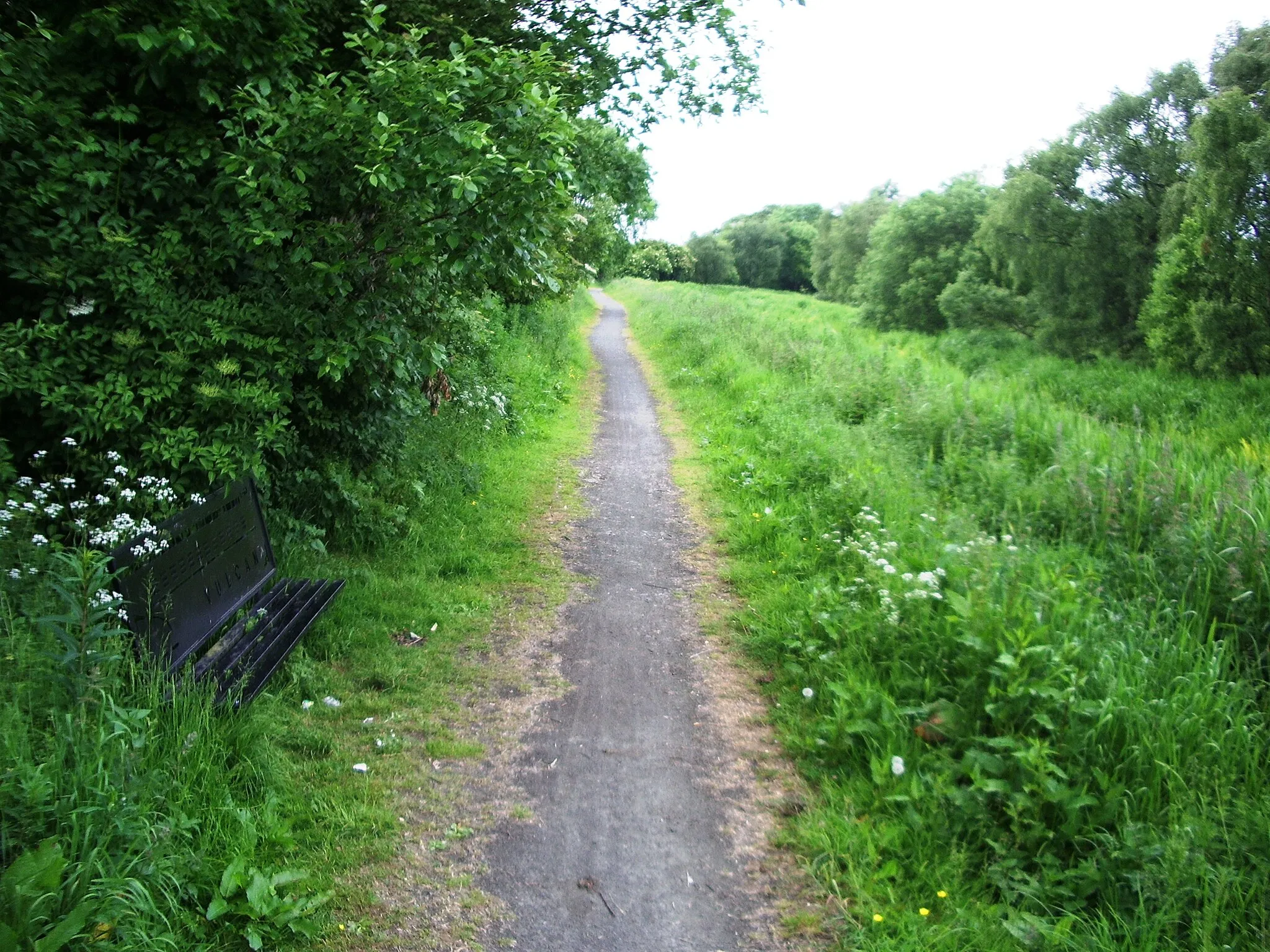 Photo showing: Monkland Canal tow path seat Vulcan. Looking northwest from 55°50′46.5″N 3°59′31.9″W / 55.84625°N 3.992194°W / 55.84625; -3.992194.