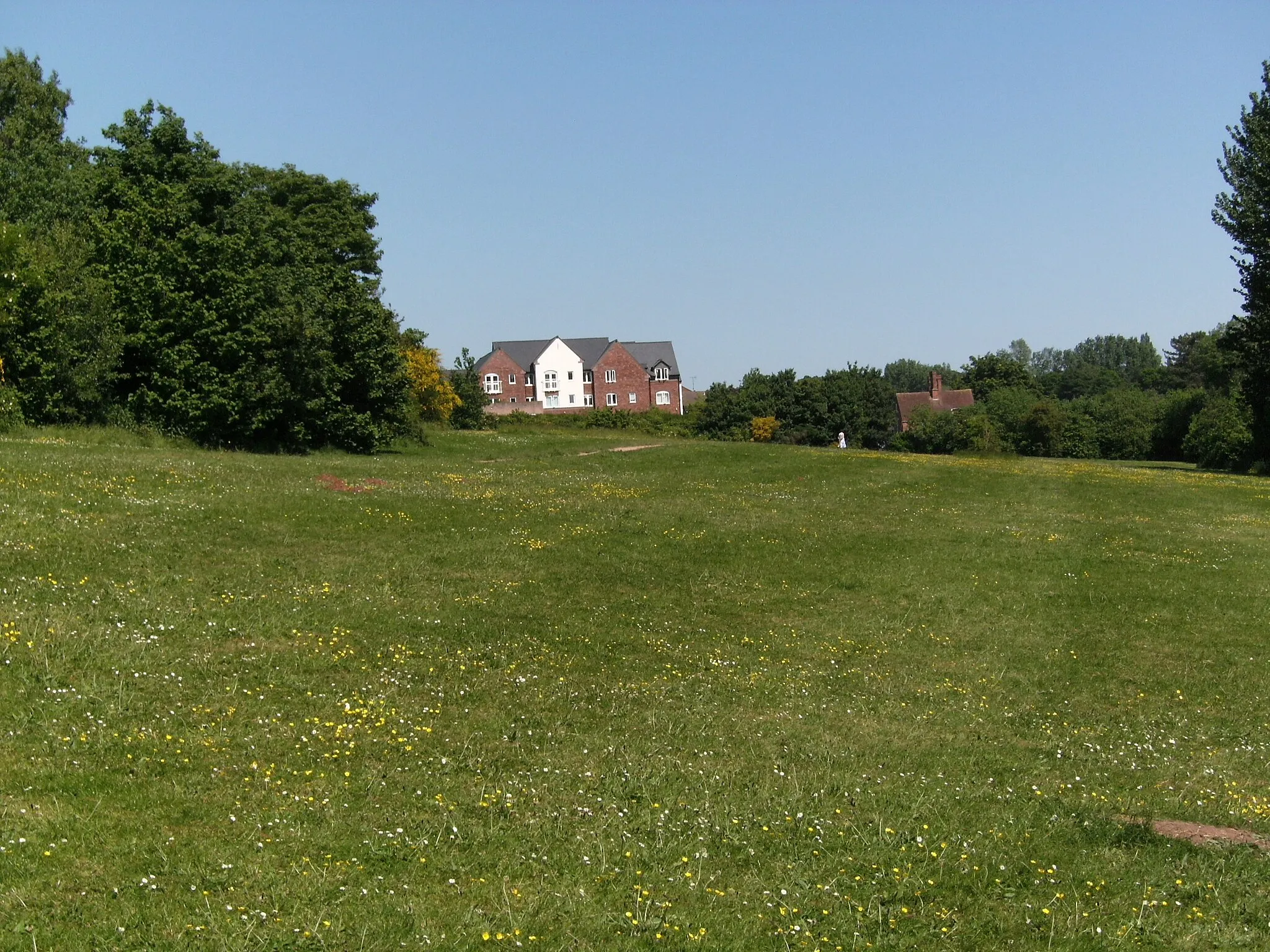 Photo showing: Ham Meadow, Wombourne, South Staffordshire, England, viewed towards the village centre.