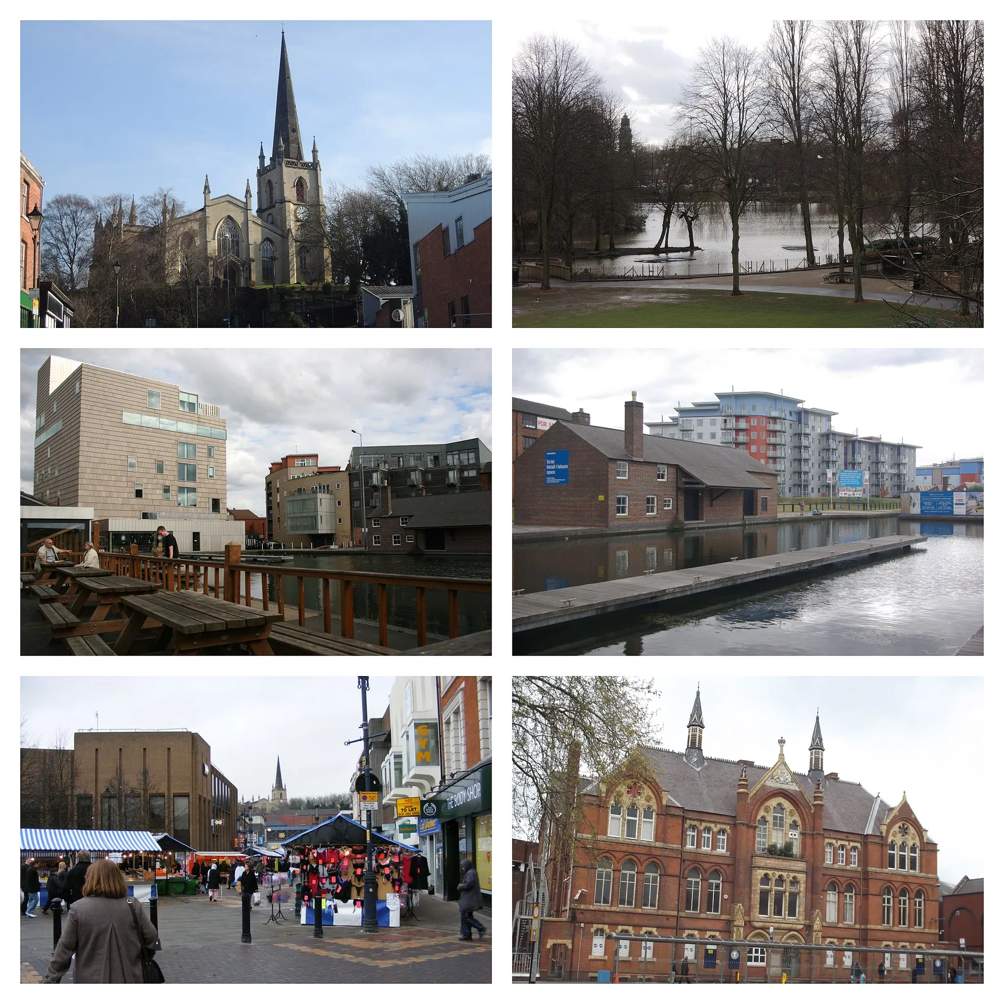 Photo showing: Clockwise from top left: St Matthew's Church, Walsall Arboretum, Walsall Canal Basin, former Institute of Science and Art, Saturday market in Walsall town centre, The New  Art Gallery Walsall from canal wharf