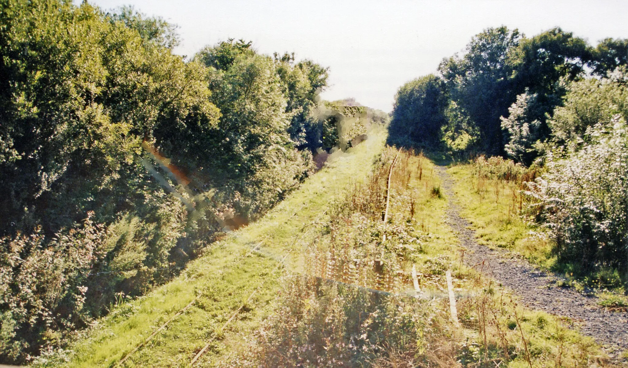 Photo showing: Site of Glyn Abbey (Pontnewydd) Halt, BP&GVR 1999.
View SW, towards Burry Port: Burry Port & Gwendraeth Valley Light Railway (later GWR) from Cwm Mawr. The line closed to passengers 21/9/53 but carried coal traffic until 1996.