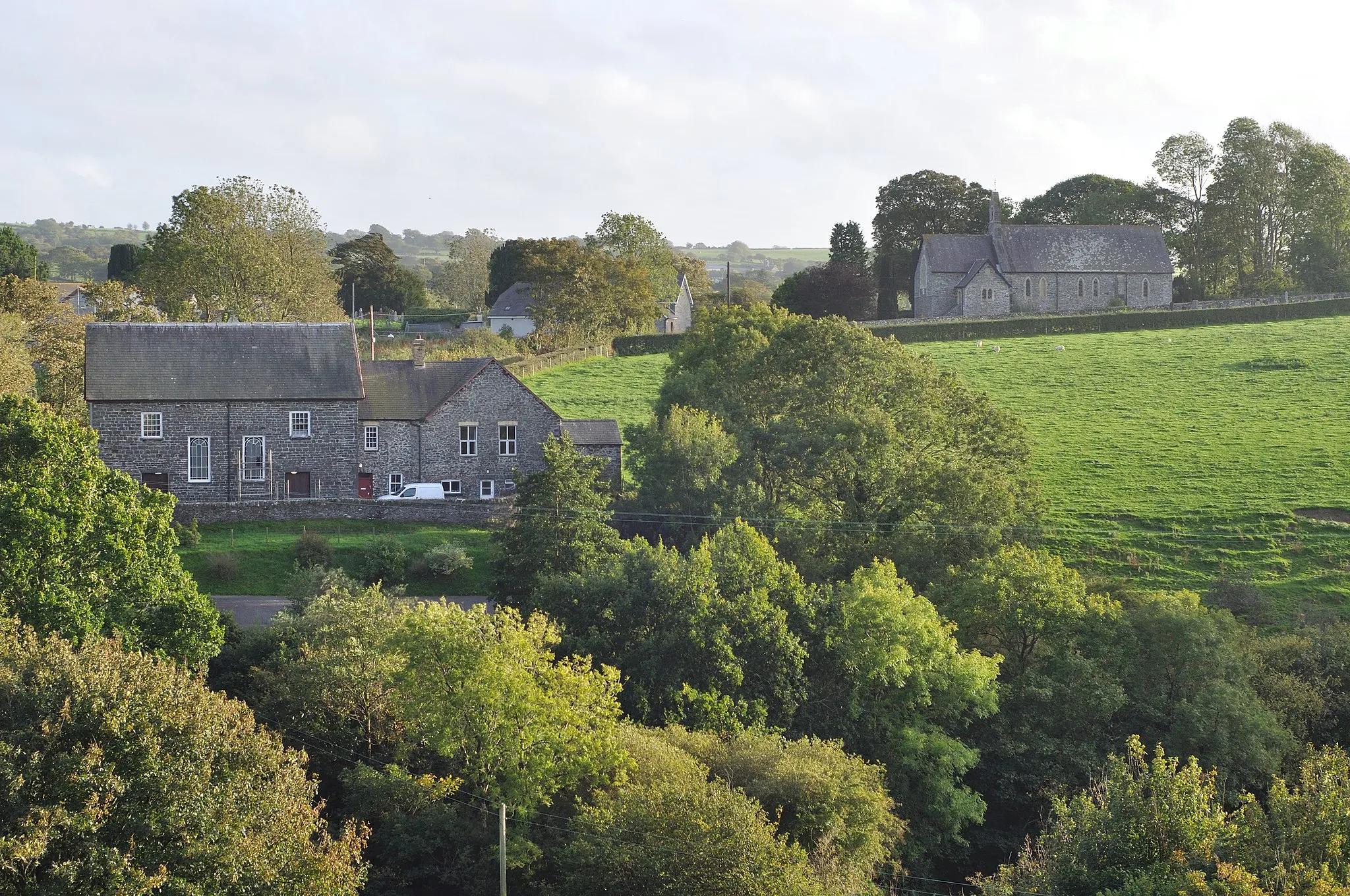 Photo showing: A view of The Church and Chapel in llangwyryfon