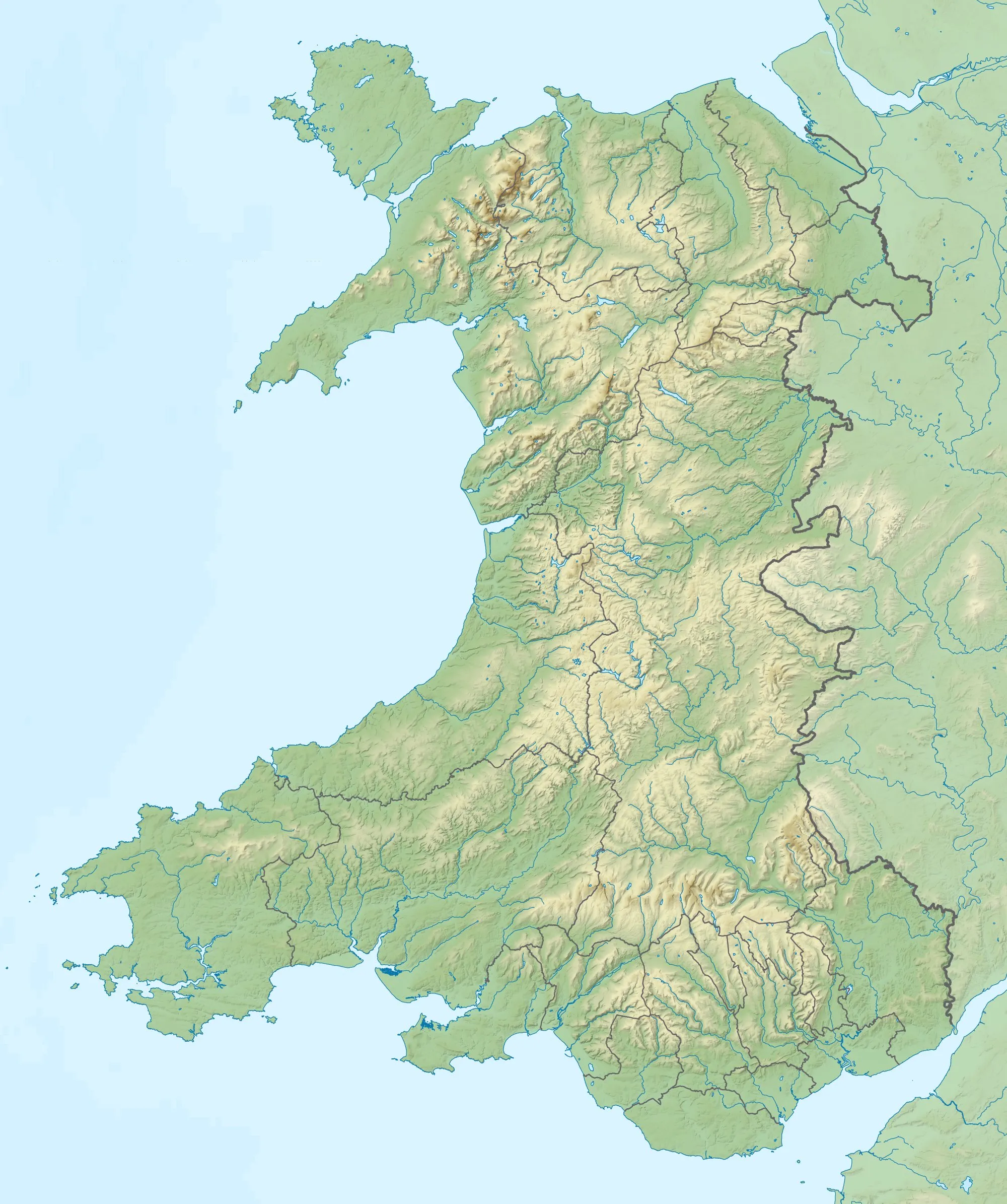 Photo showing: Relief map of Wales, UK.
Equirectangular map projection on WGS 84 datum, with N/S stretched 170%

West: 5.5W
East: 2.5W
North: 53.5N
South: 51.3N